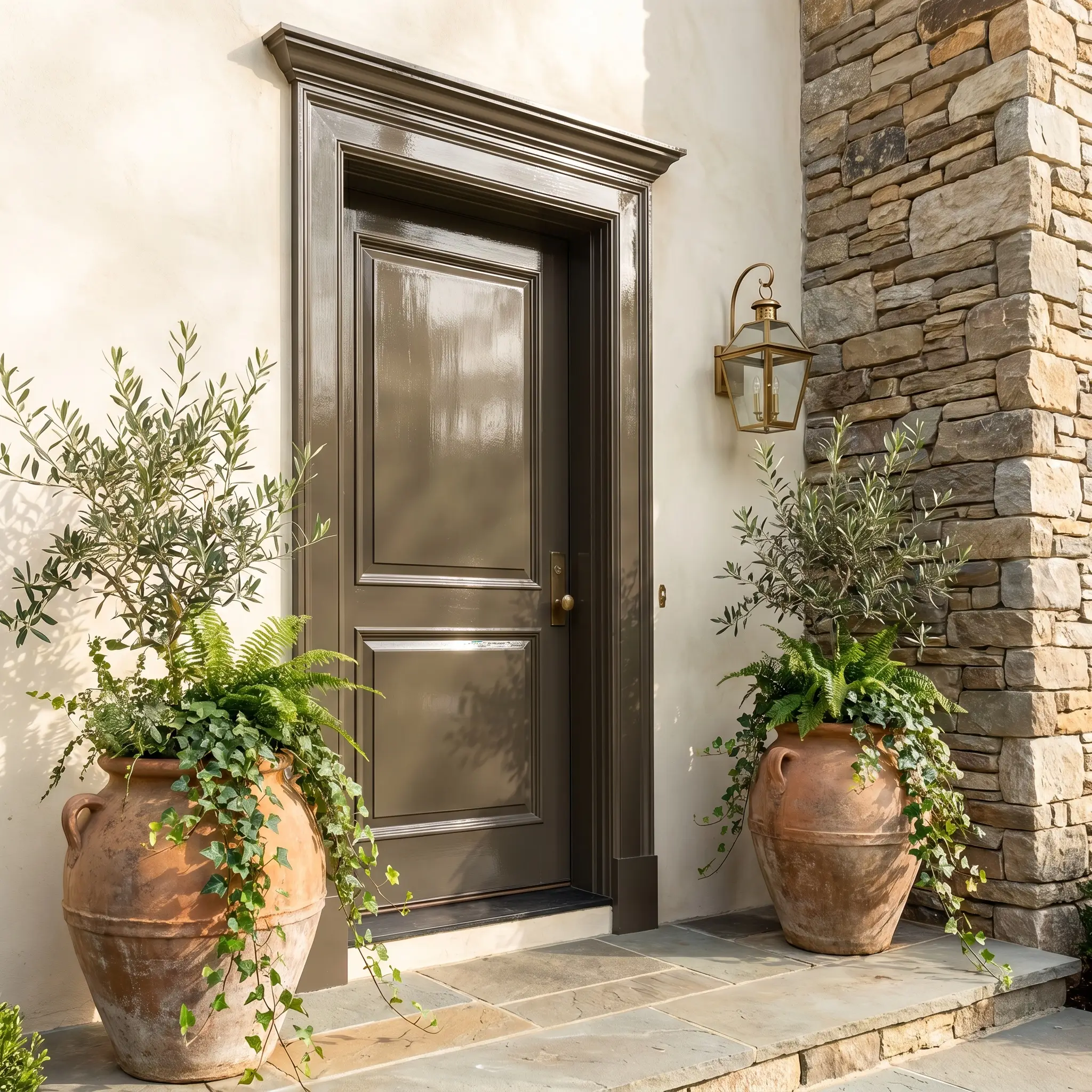 A high-gloss earthy green front door stands between creamy stucco exterior walls and oversized patinated urns trailing with loose botanicals.