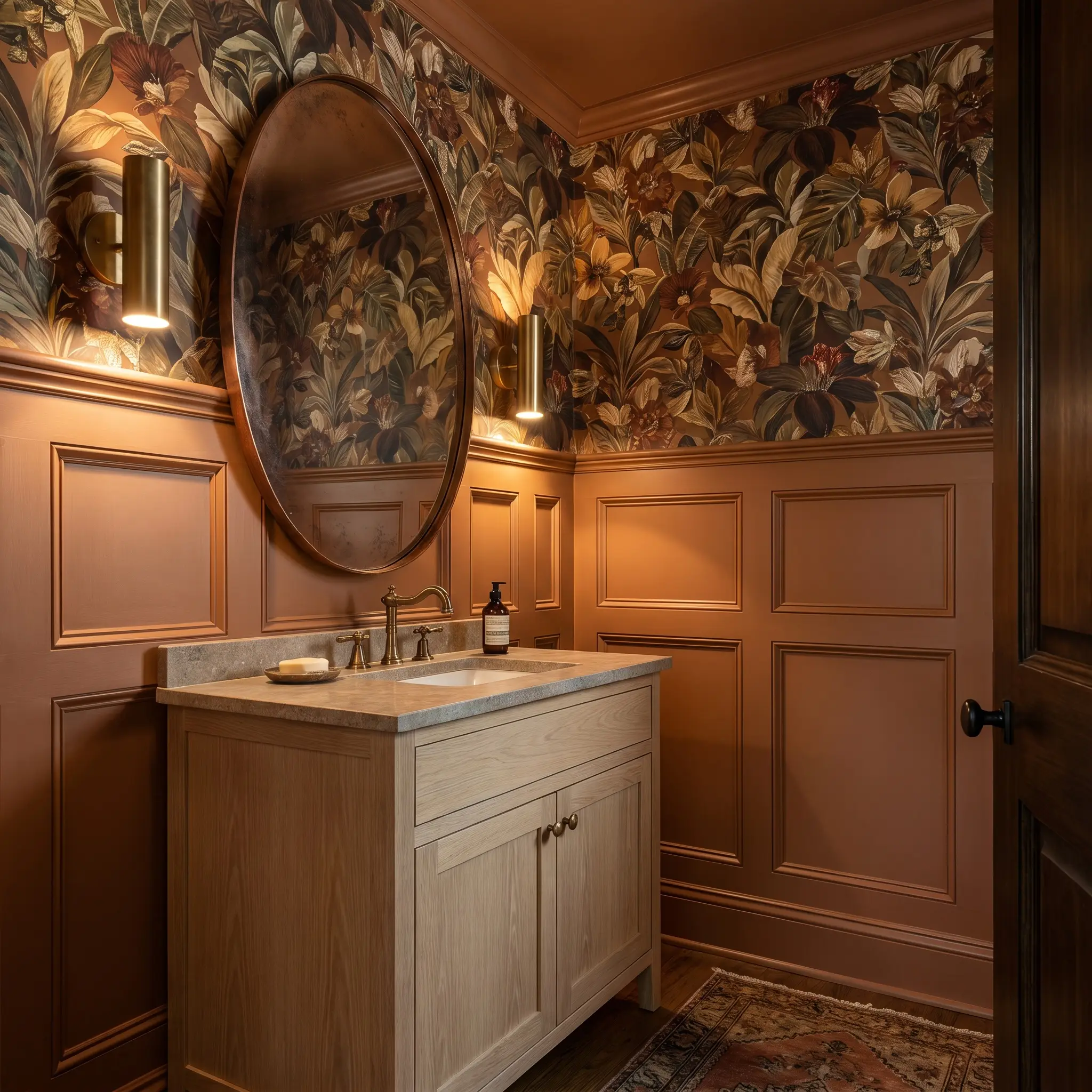 A patinated copper mirror hangs above a pale oak vanity, complemented by bold botanical wallpaper and classic caramel base wainscoting.