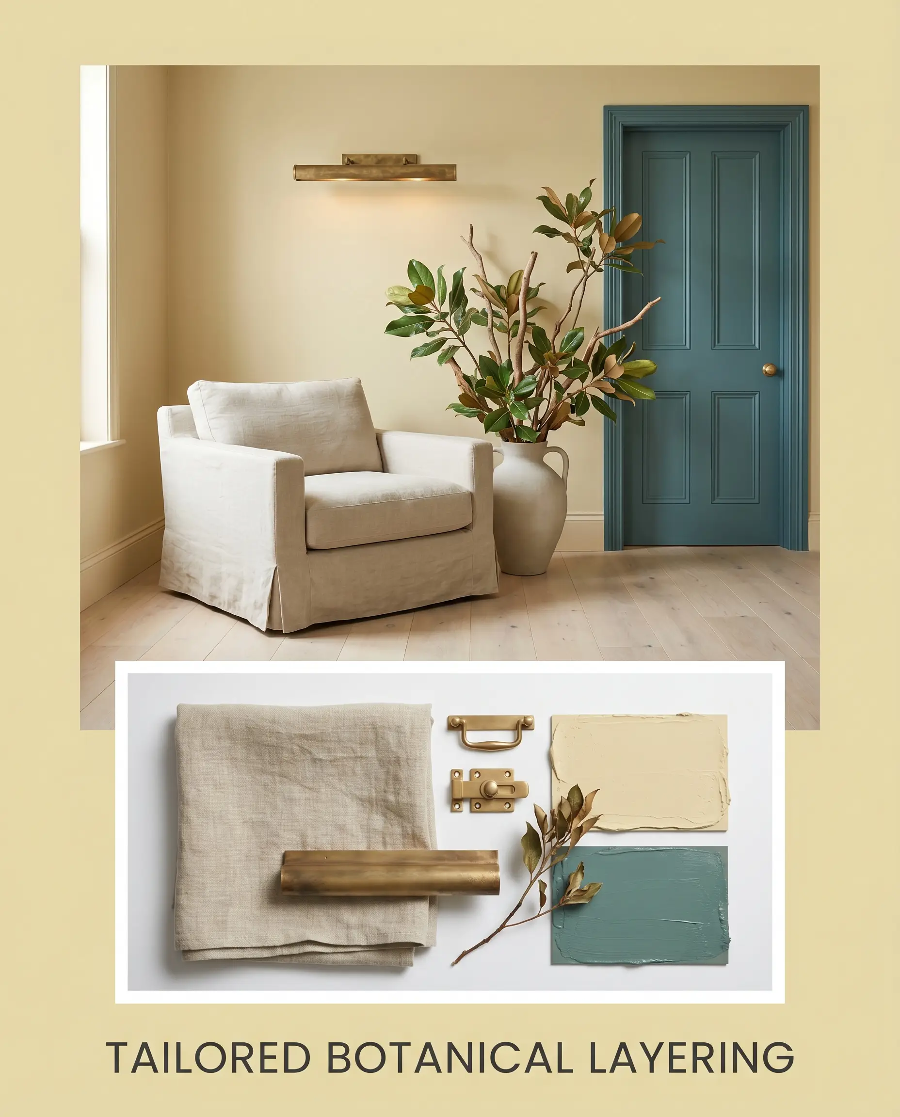 Oversized botanical branches and a washed linen slipcovered chair rest beside a teal accent door, paired with a flat-lay of raw brass hardware and heritage hue paint textures.