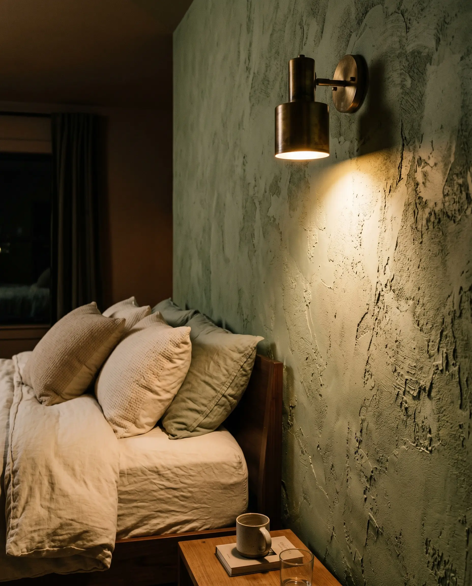 A hardwired brass wall sconce casts a directional grazing beam straight down a textured sage green limewash wall next to cream sheets.