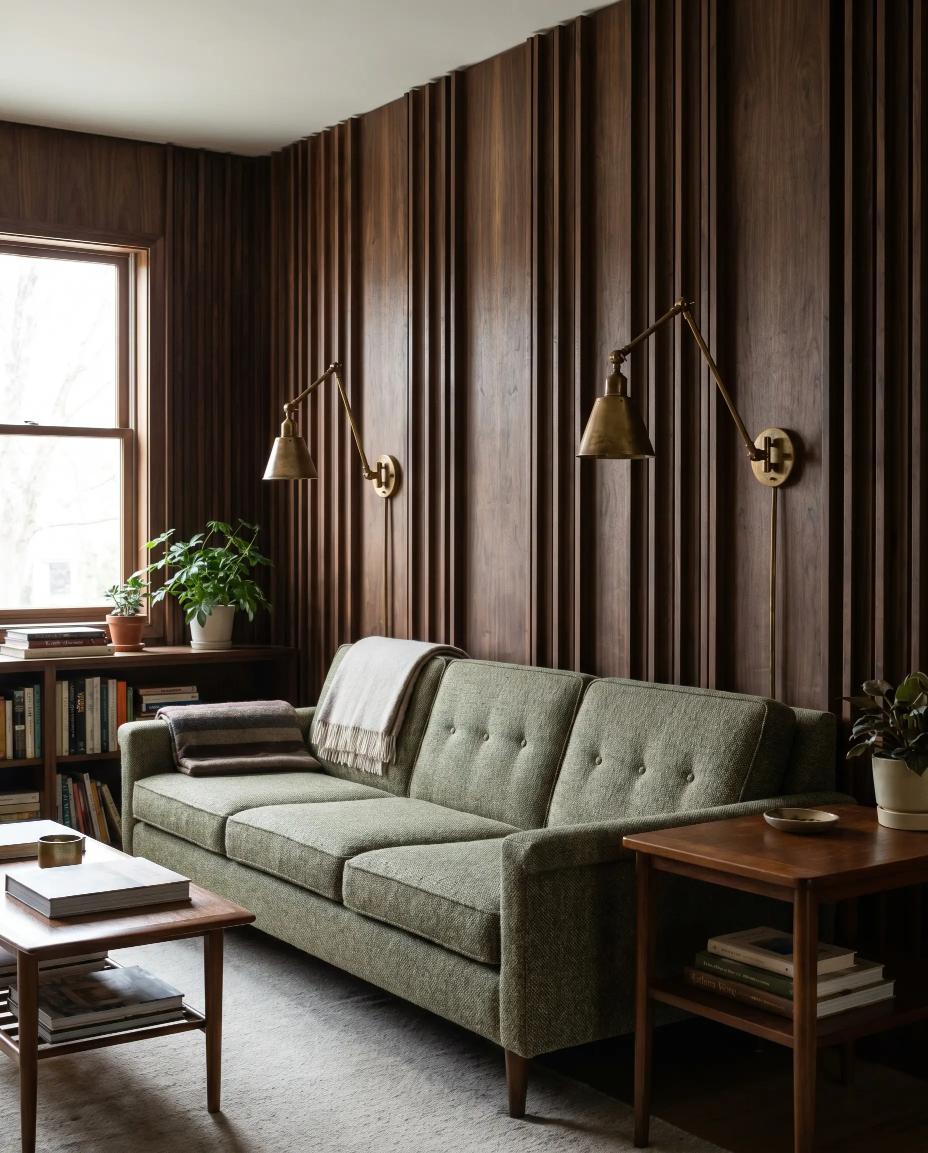 Unlacquered brass sconces mount directly through dark walnut acoustic panel fluting positioned exactly eighteen inches above a mid-century modern sofa.