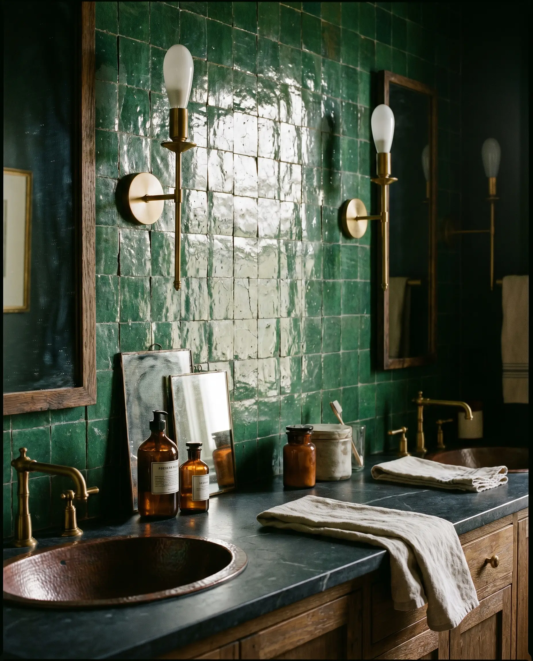 Elegant brass wall sconces with frosted bulbs mount directly onto a glossy green Moroccan clay wall, casting a directional glow over dark stone counters.