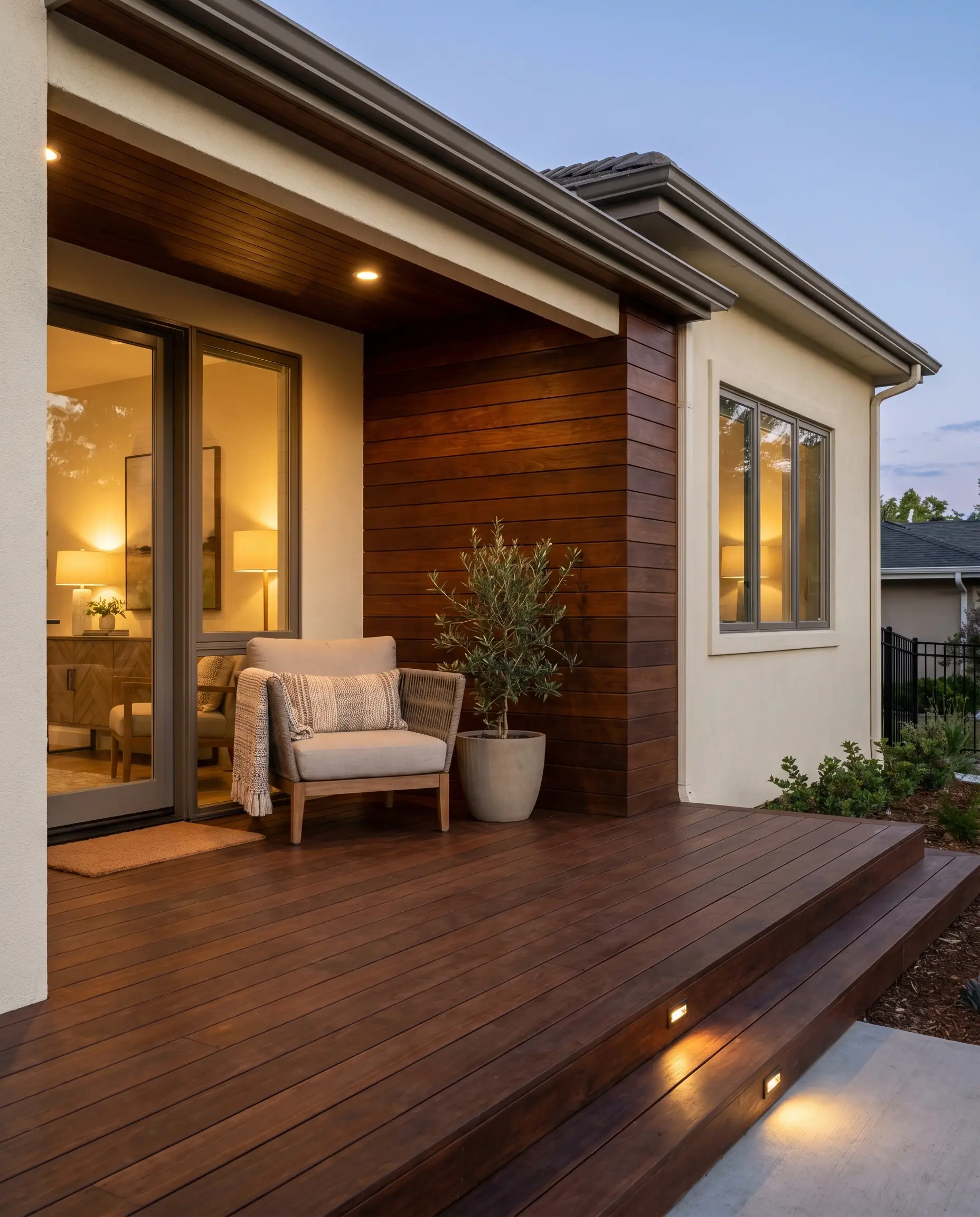 A light brown house exterior features rich Brazilian walnut Ipe wood decking installed with concealed fasteners alongside smooth cream exterior walls.