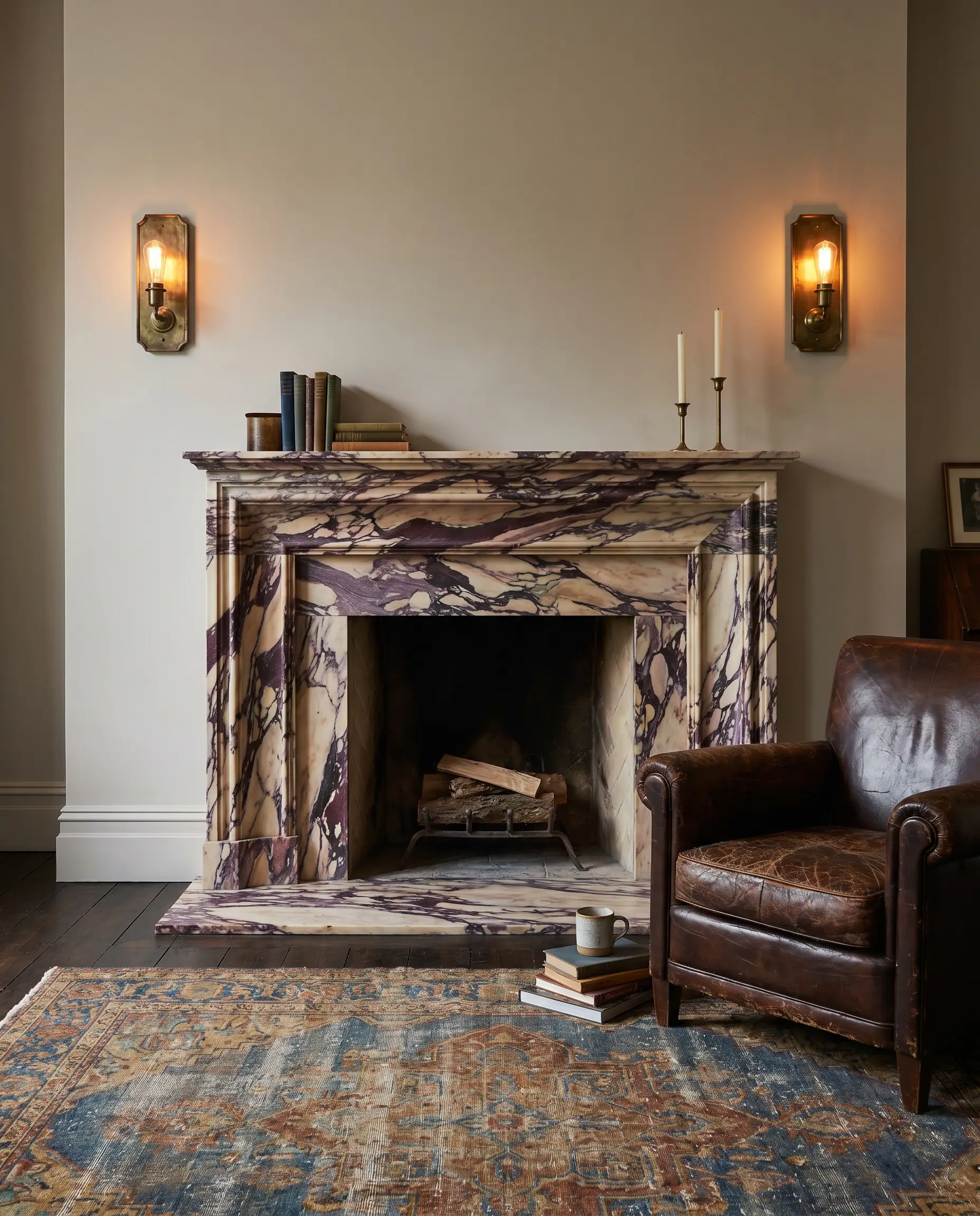 Intense purple and burgundy veining defines a character-rich Breccia Viola marble fireplace flanked by antique brass sconces above a distressed leather club chair.