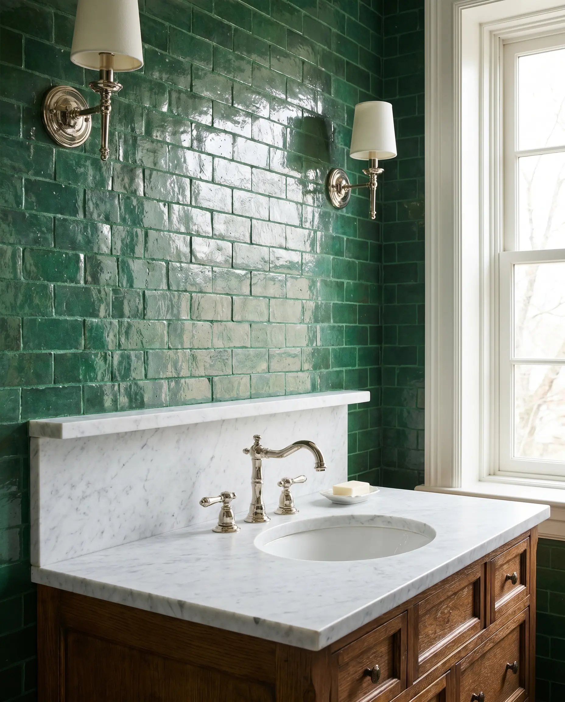 Polished nickel fixtures and a classic marble counter accompany a traditional bathroom vanity set against a green Moroccan clay wall in a horizontal offset.