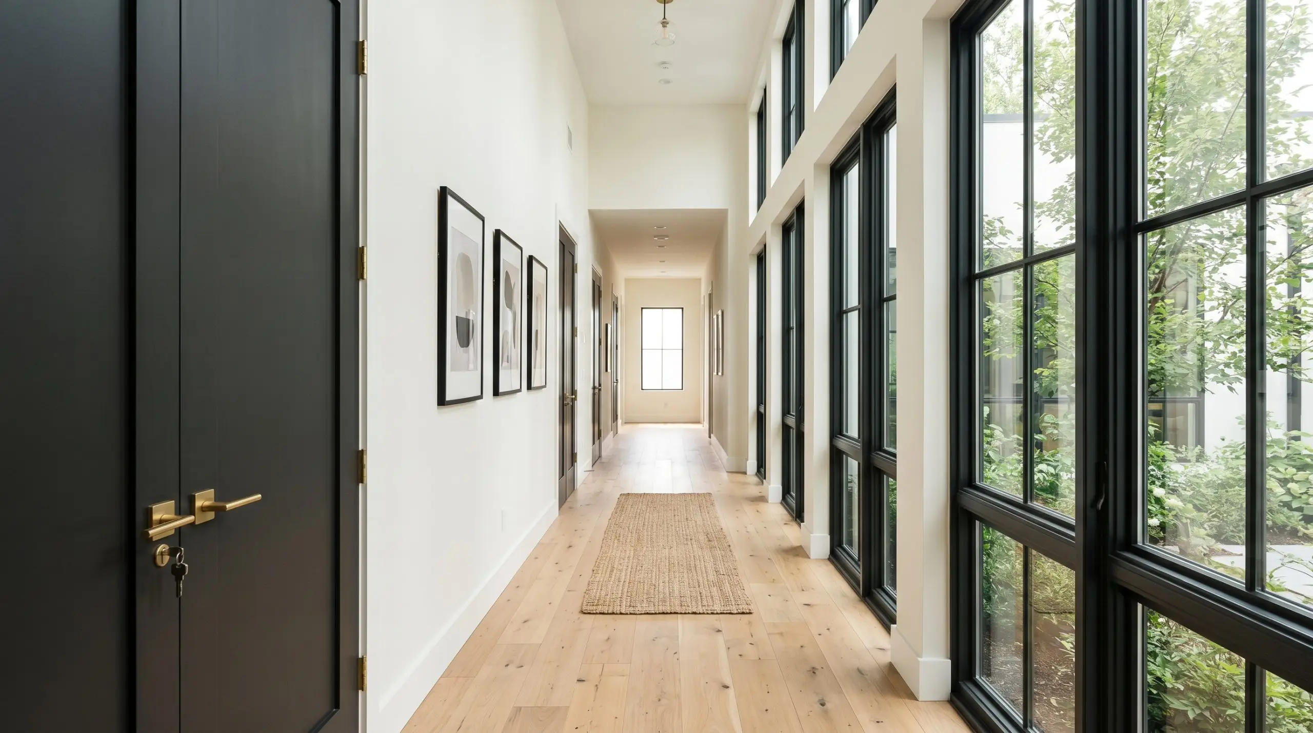 A bright hallway creates graphic contrast with dark painted interior doors and window sashes set against off-white walls, featuring matte brass hardware and oak floors.
