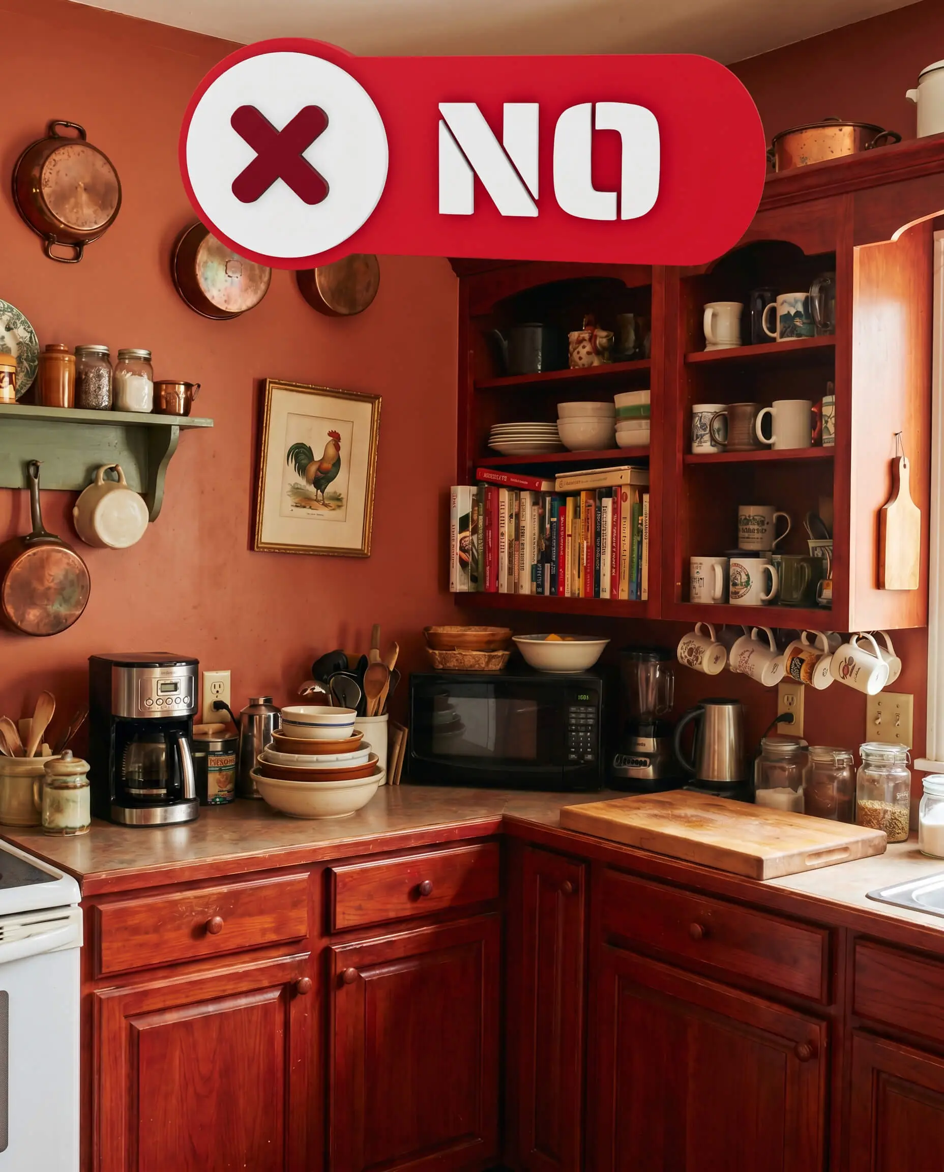 Bright terracotta painted walls pair directly with heavy red-stained cherry wood cabinets, resulting in an overwhelming and visually exhausting kitchen corner.