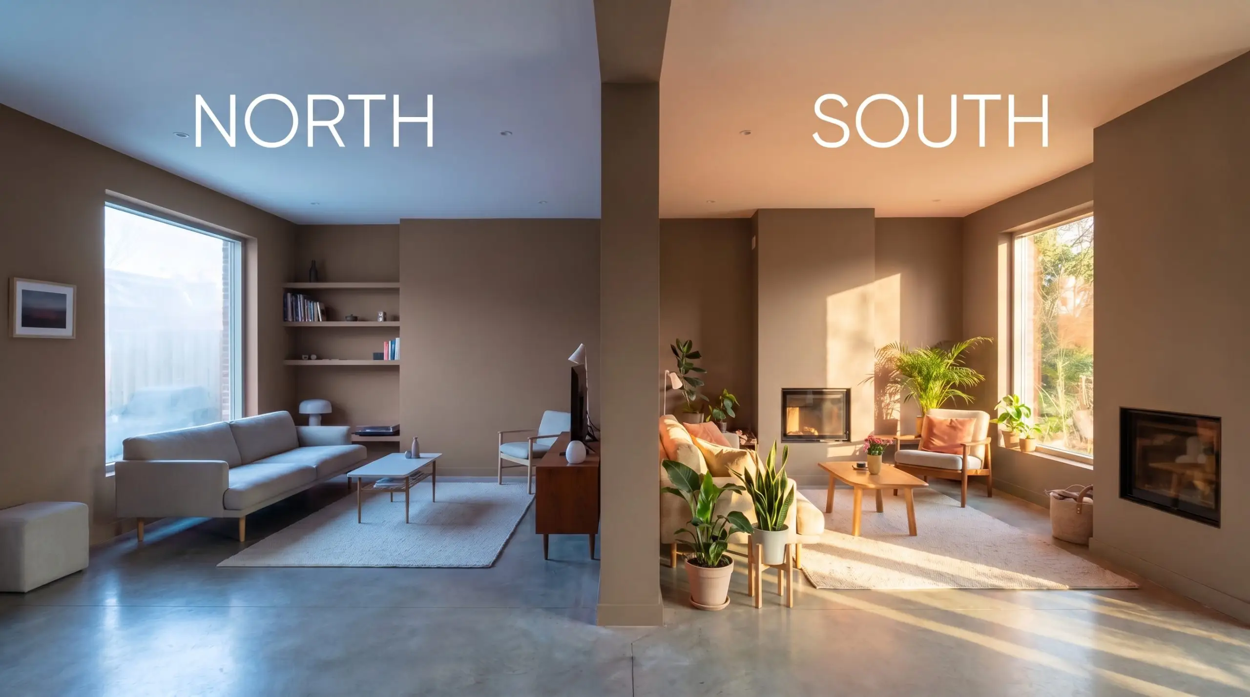 A continuous living room wall painted in Farrow & Ball Broccoli Brown shifts from a muted stone hue in cool Northern light to organic warmth in warm Southern exposure.