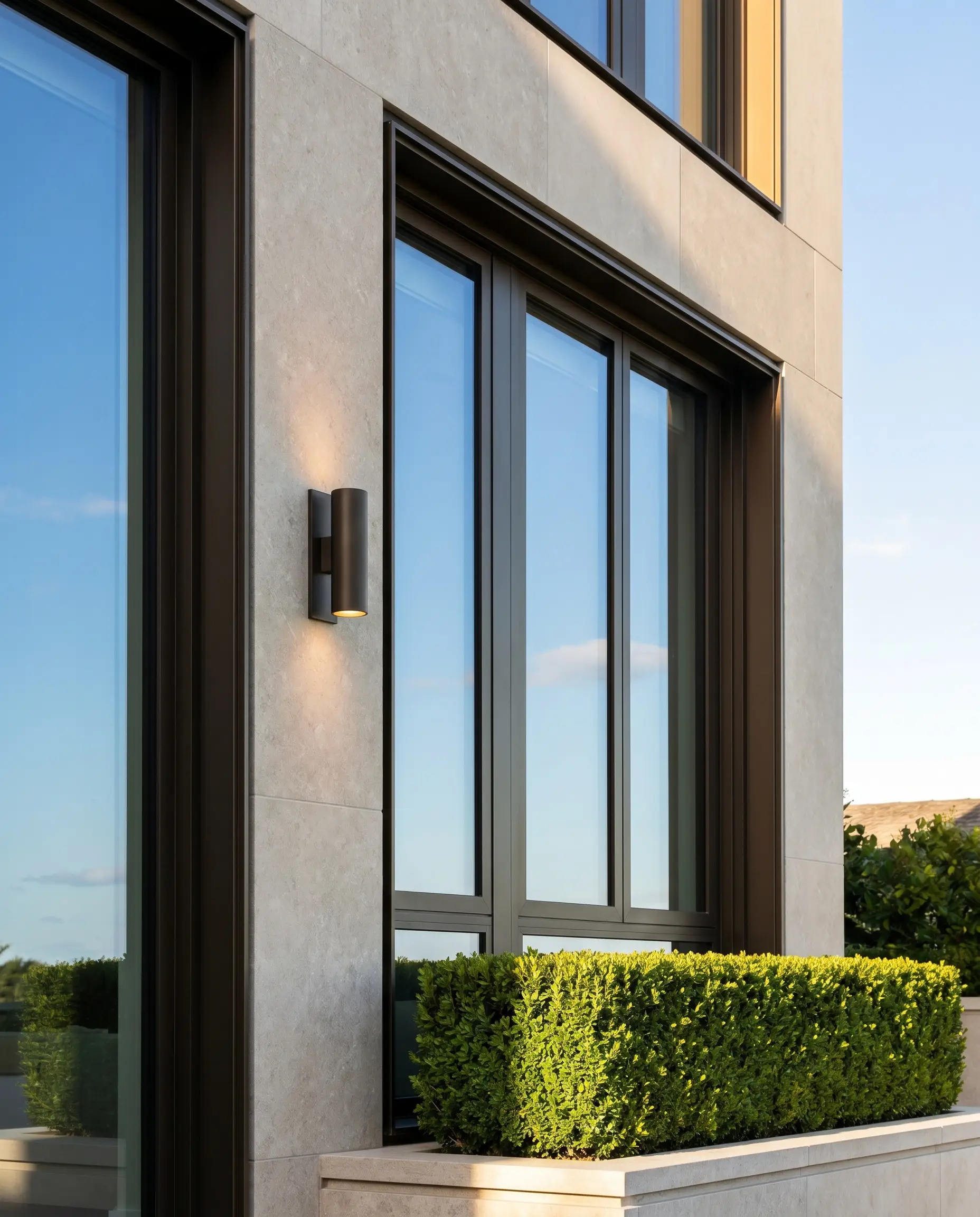 Matte bronze anodized aluminum fenestration sits flush within soft greige cladding next to a high-end exterior sconce and a perfectly trimmed boxwood.