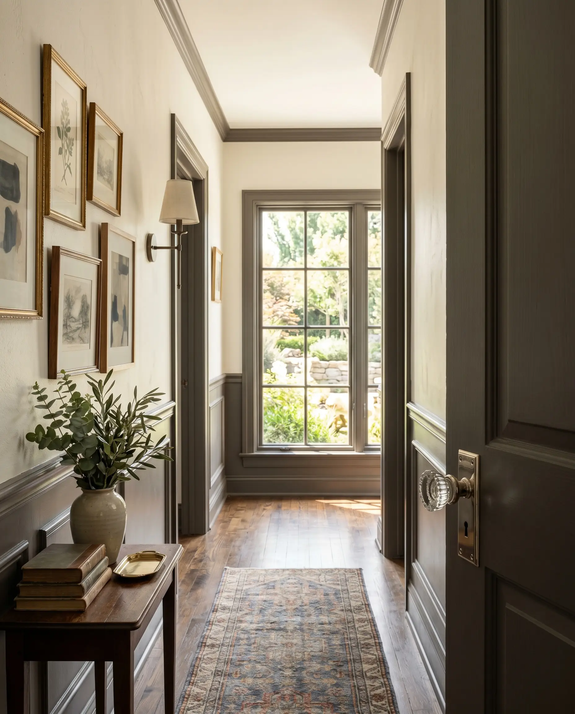 An interior hallway door and window sashes painted in Iron Mountain feature polished nickel hardware and a reeded glass door knob against warm white walls.