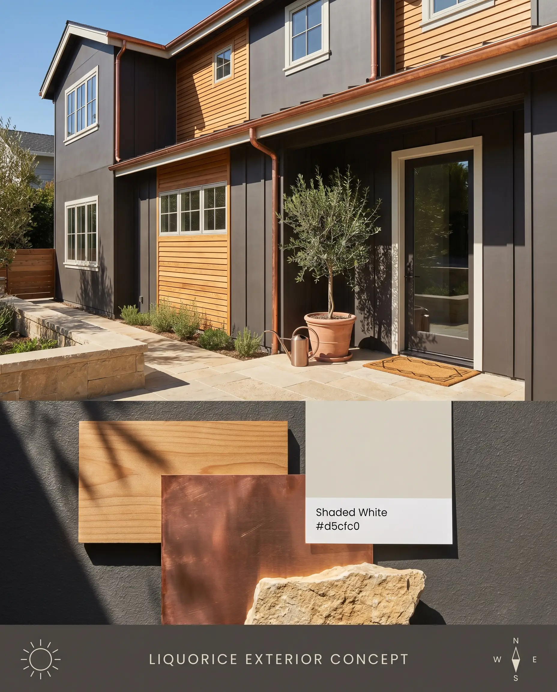 A proportional digital rendering featuring modern home exterior siding painted in Farrow & Ball Liquorice on top, and a textured bottom section presenting natural cedar, copper flashing, and limestone rock samples.