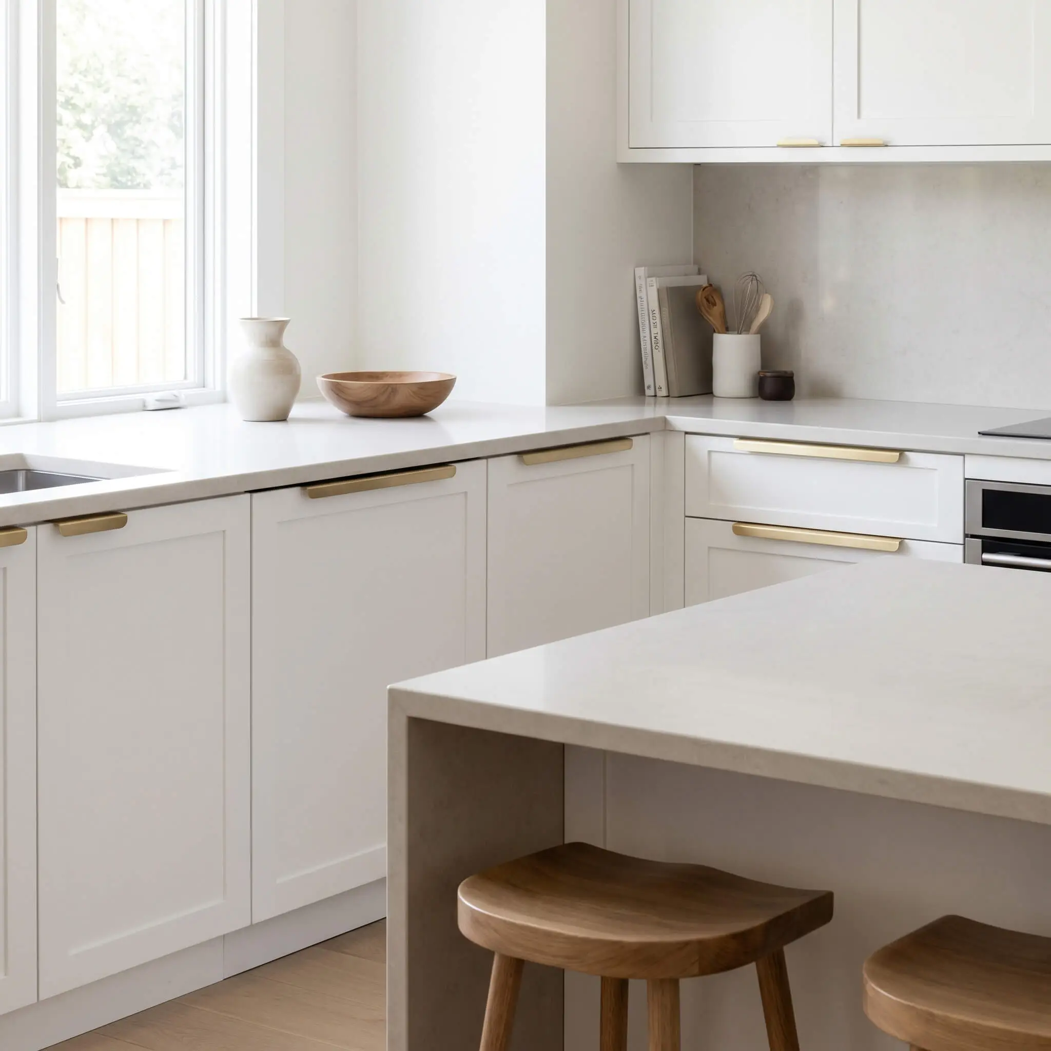 Brushed extruded brass finger edge pulls mount discreetly on the top rail of lower white shaker base cabinets beneath a smooth stone countertop.