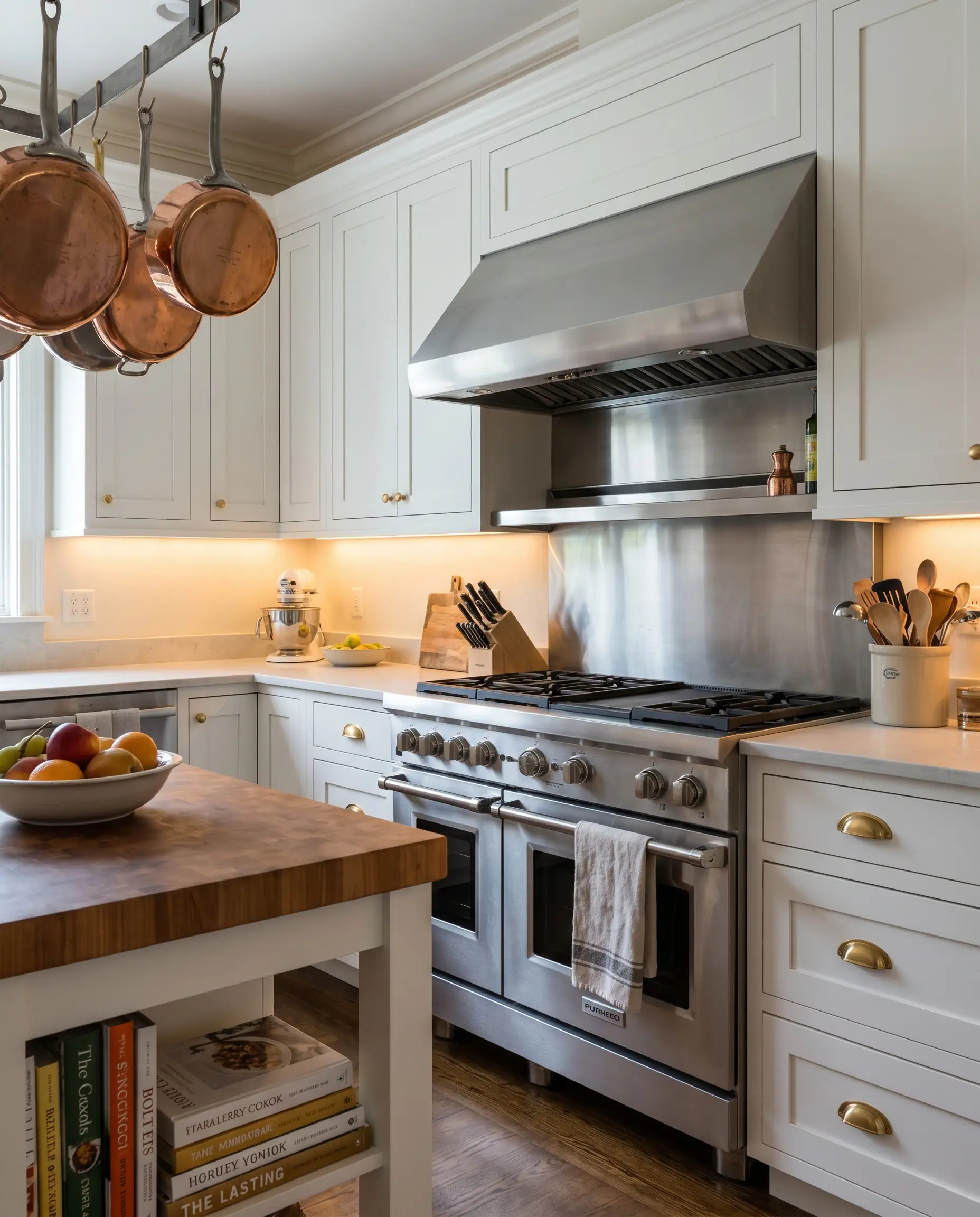 Brushed satin brass hardware accents white shaker cabinets flanking a professional stainless steel oven in a balanced, professional-grade kitchen environment.