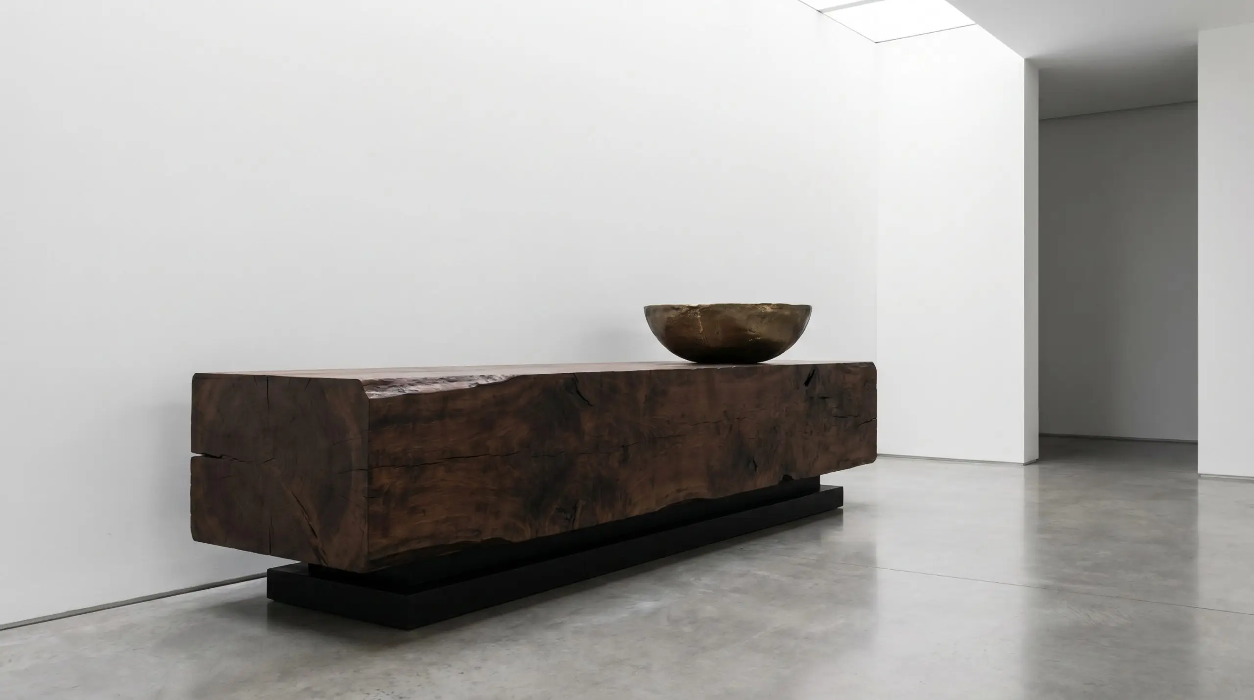 A monumental Brutalist block console table crafted from dark walnut burl rests on an ebonized plinth base beneath a single oversized bronze bowl.