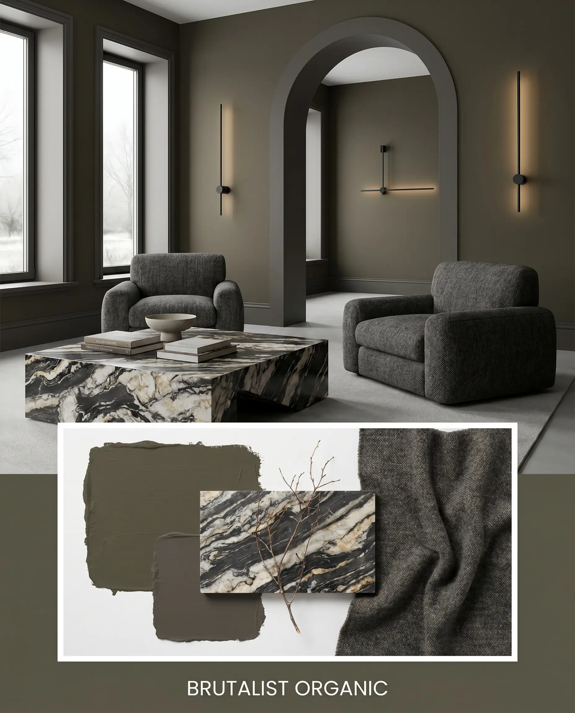 A dramatically veined marble coffee table and worsted wool upholstery define a moody modern living room integrated with a tactile material flat-lay.