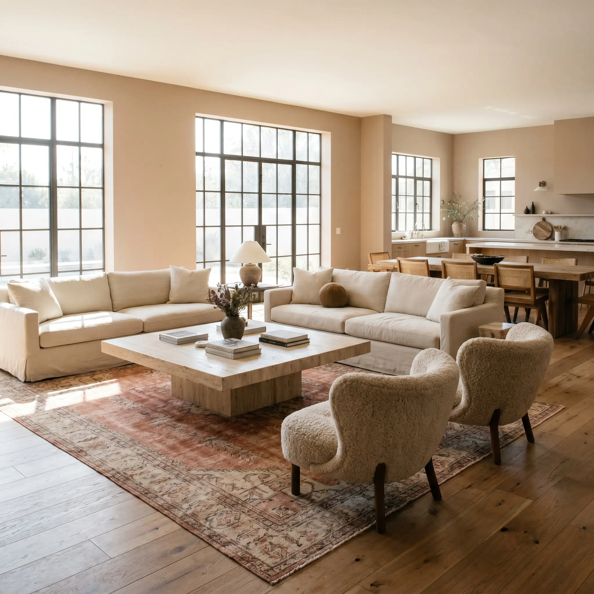 Textural bouclé accent chairs and a vintage terracotta Moroccan rug surround a brutalist travertine coffee table in a bright taupe base living room.