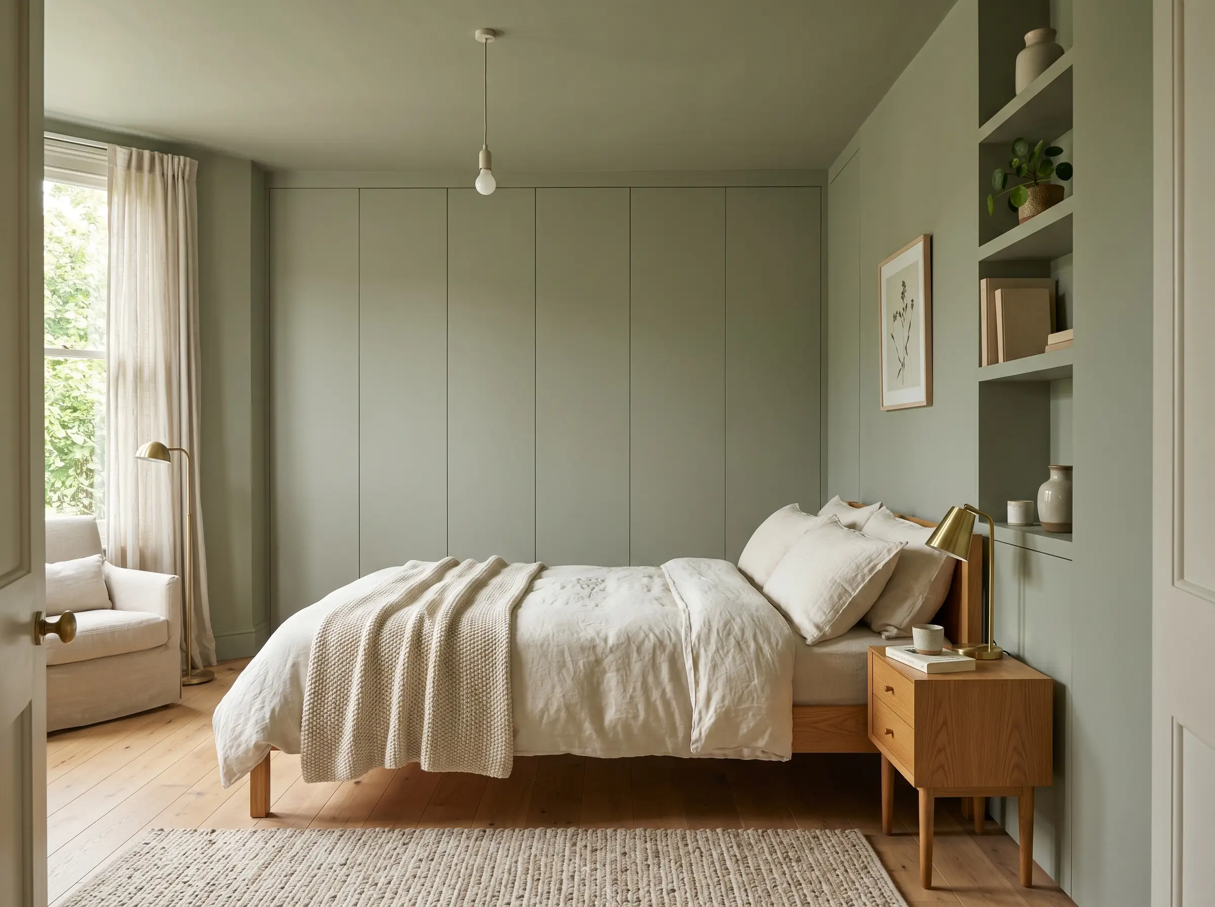 Custom built-in wardrobes and floating shelving painted sage green conceal daily clutter beside a modest bed draped in heavy cream linens.