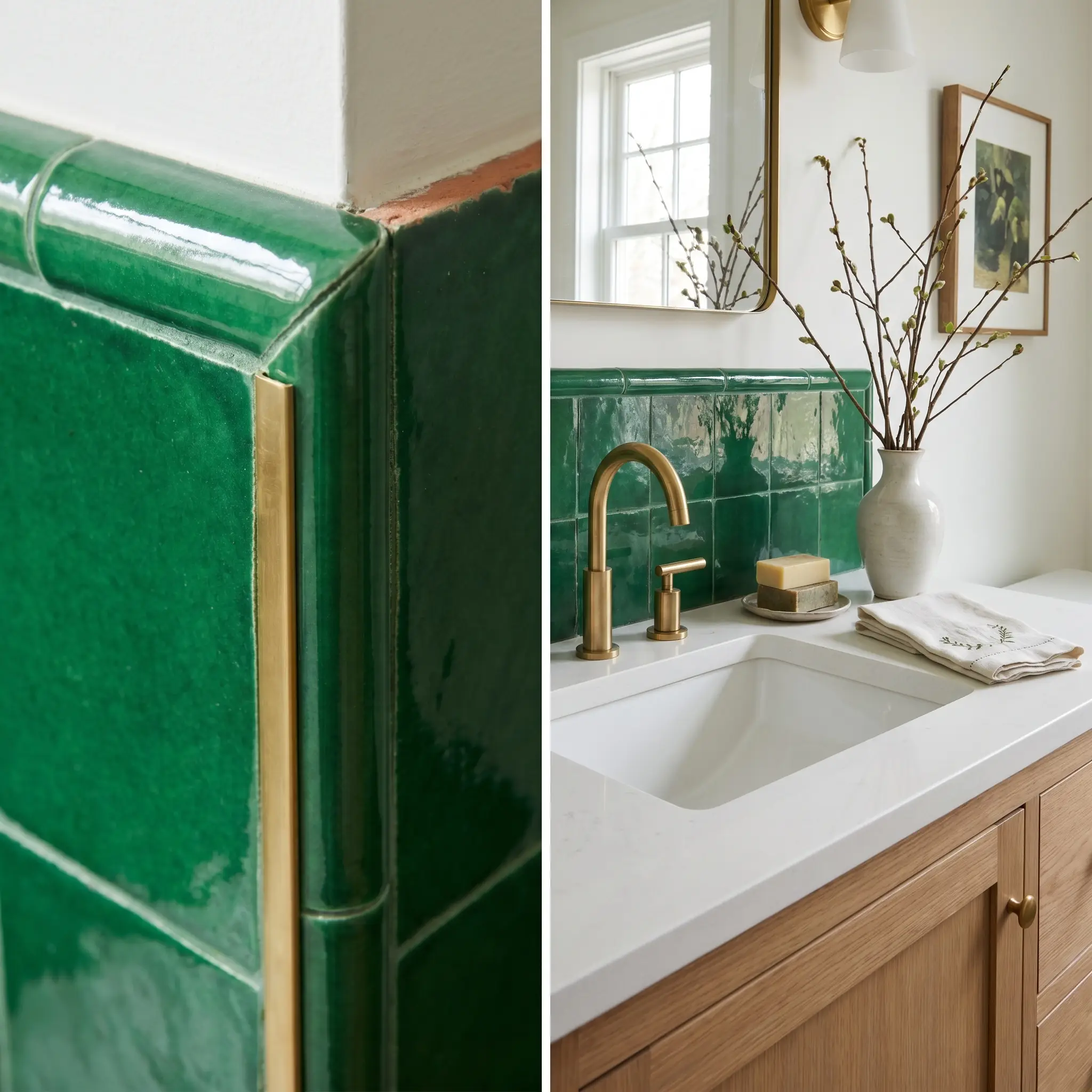 A glazed bullnose trim piece and an unlacquered brass Schluter strip meticulously cap the exposed edge of a vibrant green Moroccan clay wall.