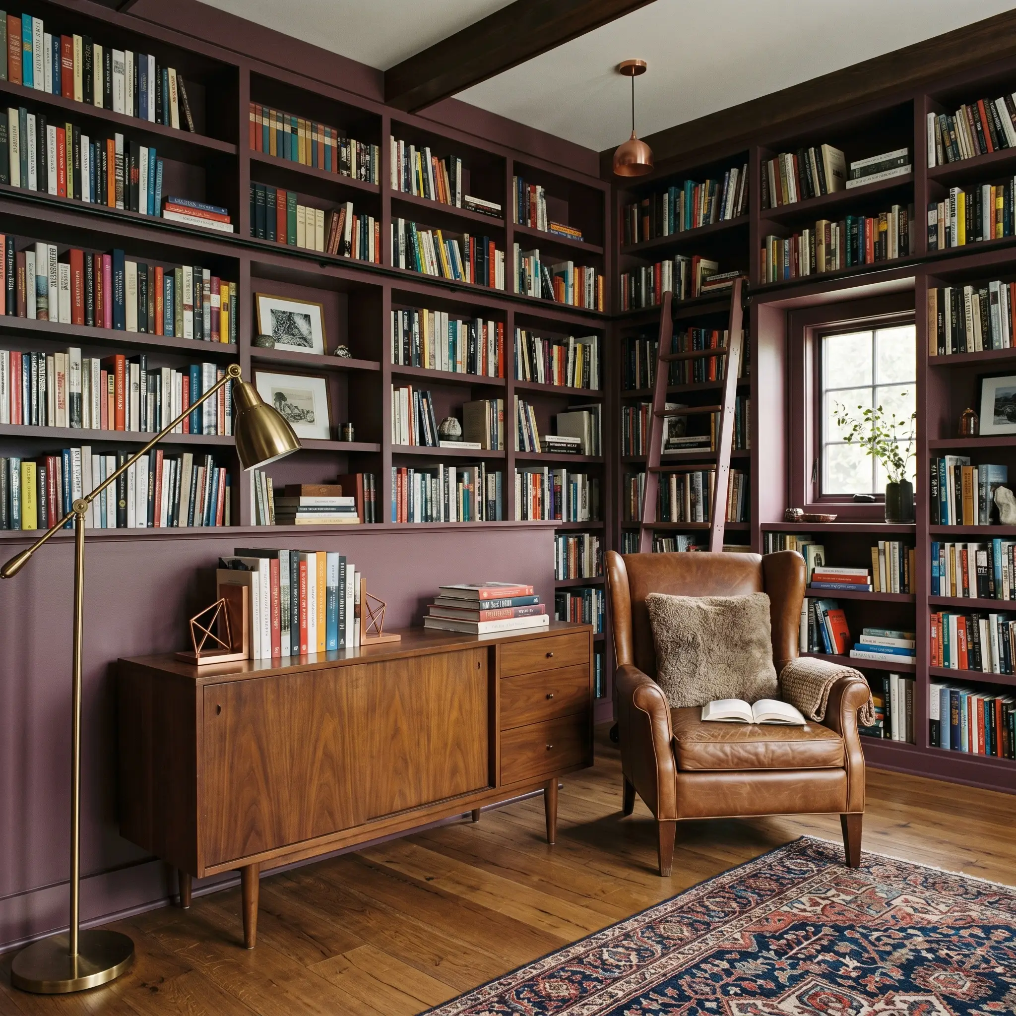 Floor-to-ceiling built-in bookcases painted in Dulux Misty Grape (Hex #65424d) surround a vintage walnut mid-century credenza and saddle leather wingback chair.