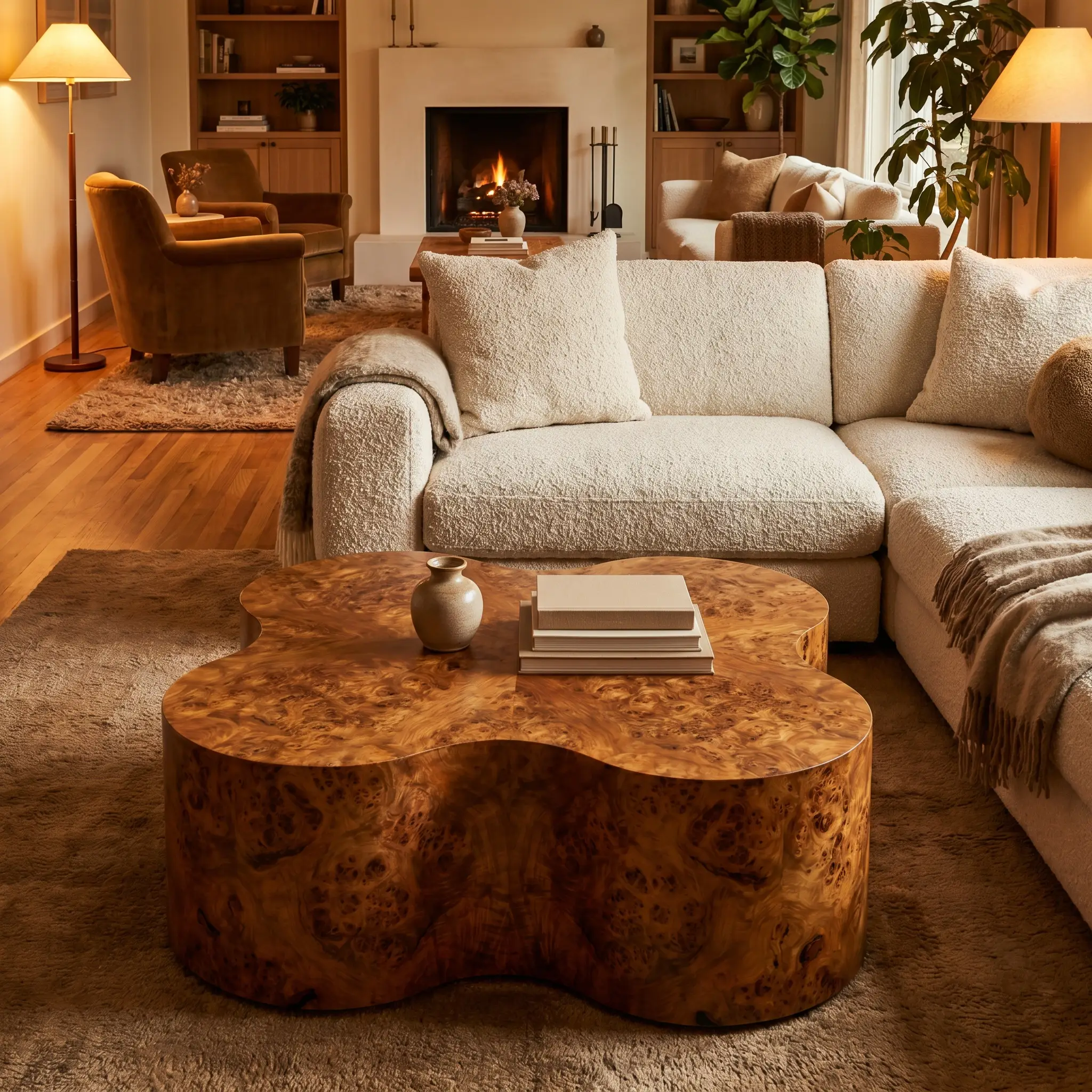An asymmetrical burl wood coffee table with chaotic walnut veneer grain patterns anchors a highly textured beige boucle sofa.