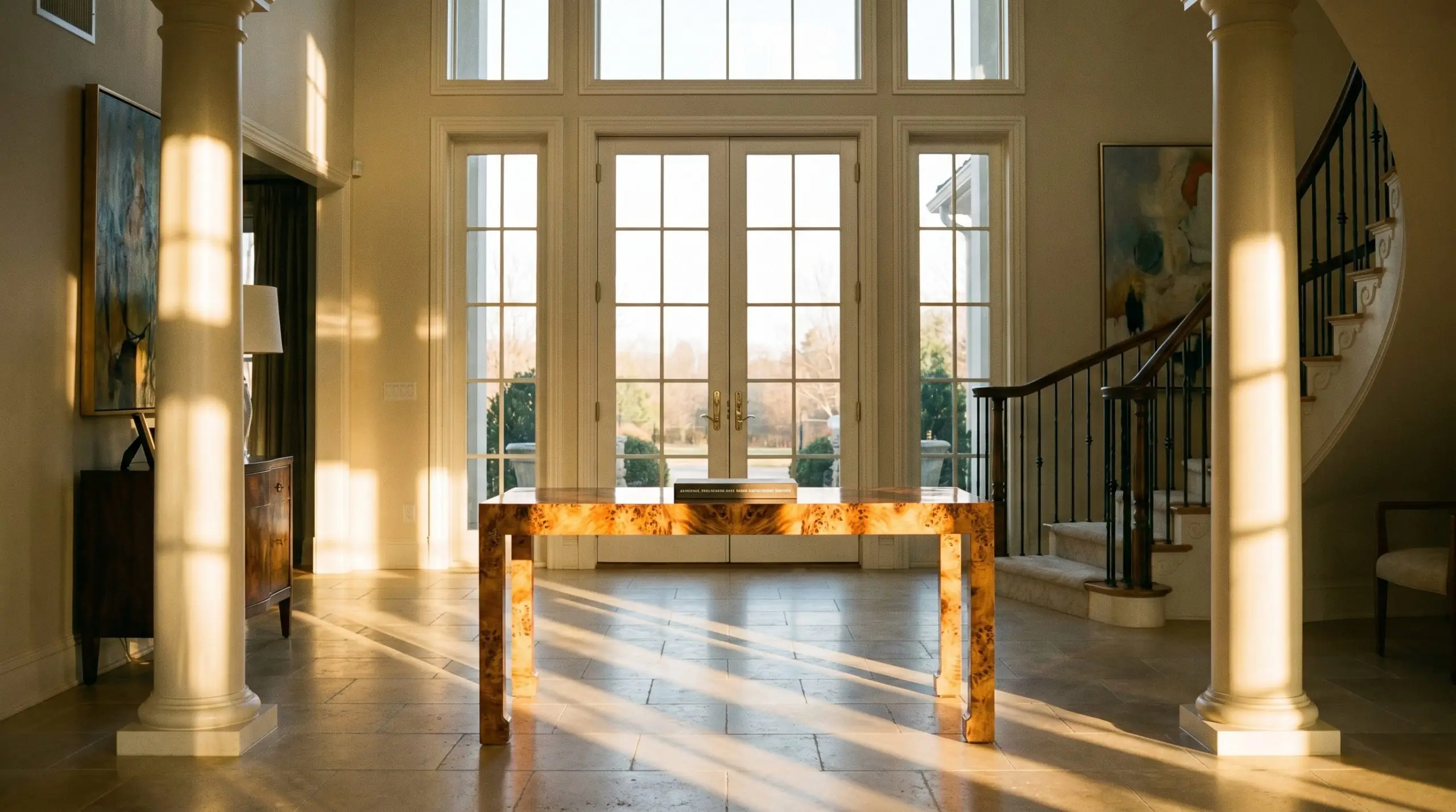 Protected by UV-resistant marine lacquer, stunning burl wood console tables in luxury entryways withstand bright natural sunlight streaming through large glass double doors.