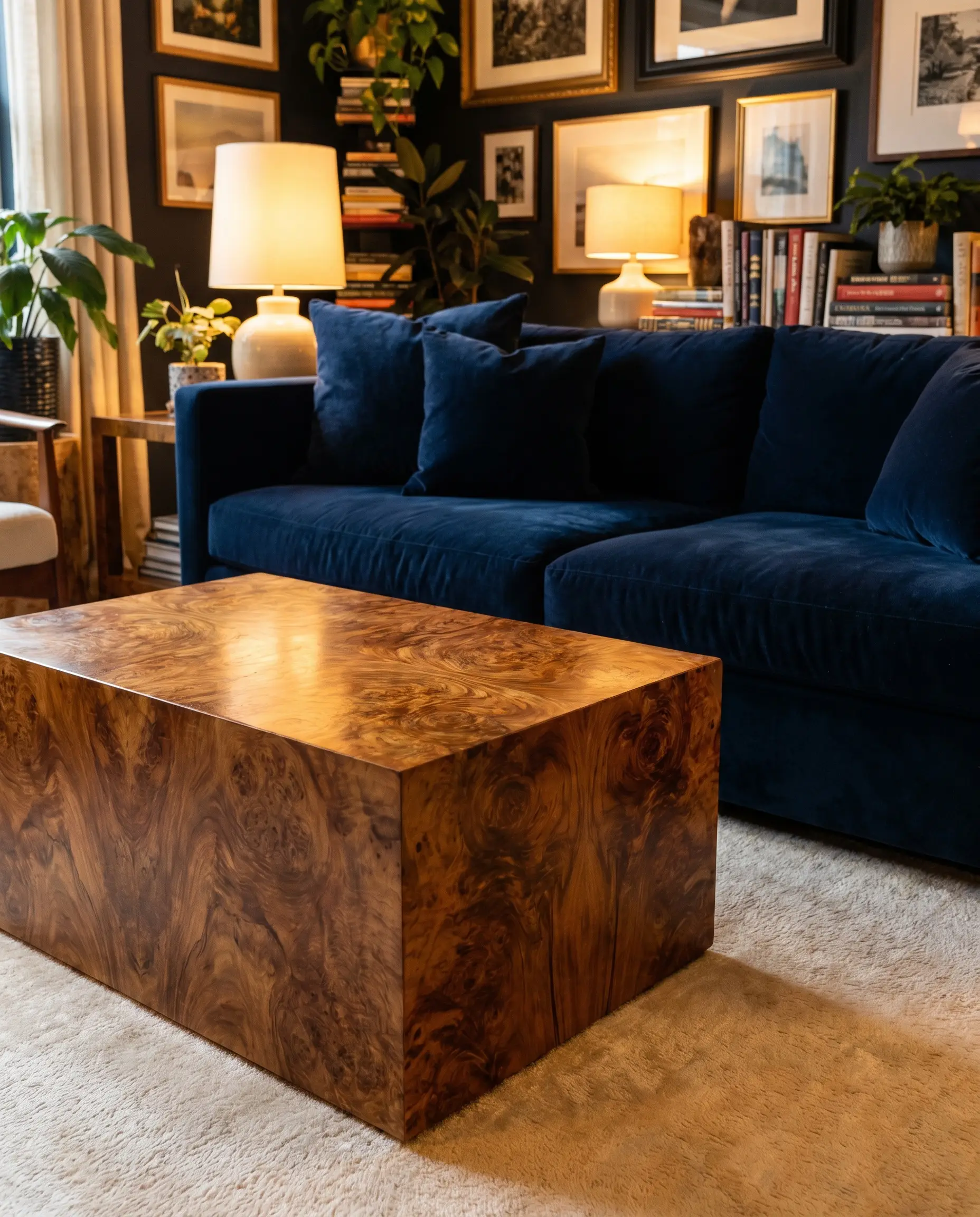 A heavily patterned burl wood block coffee table acts as a bespoke focal point opposite a solid navy blue sofa on a cream silk-blend rug.