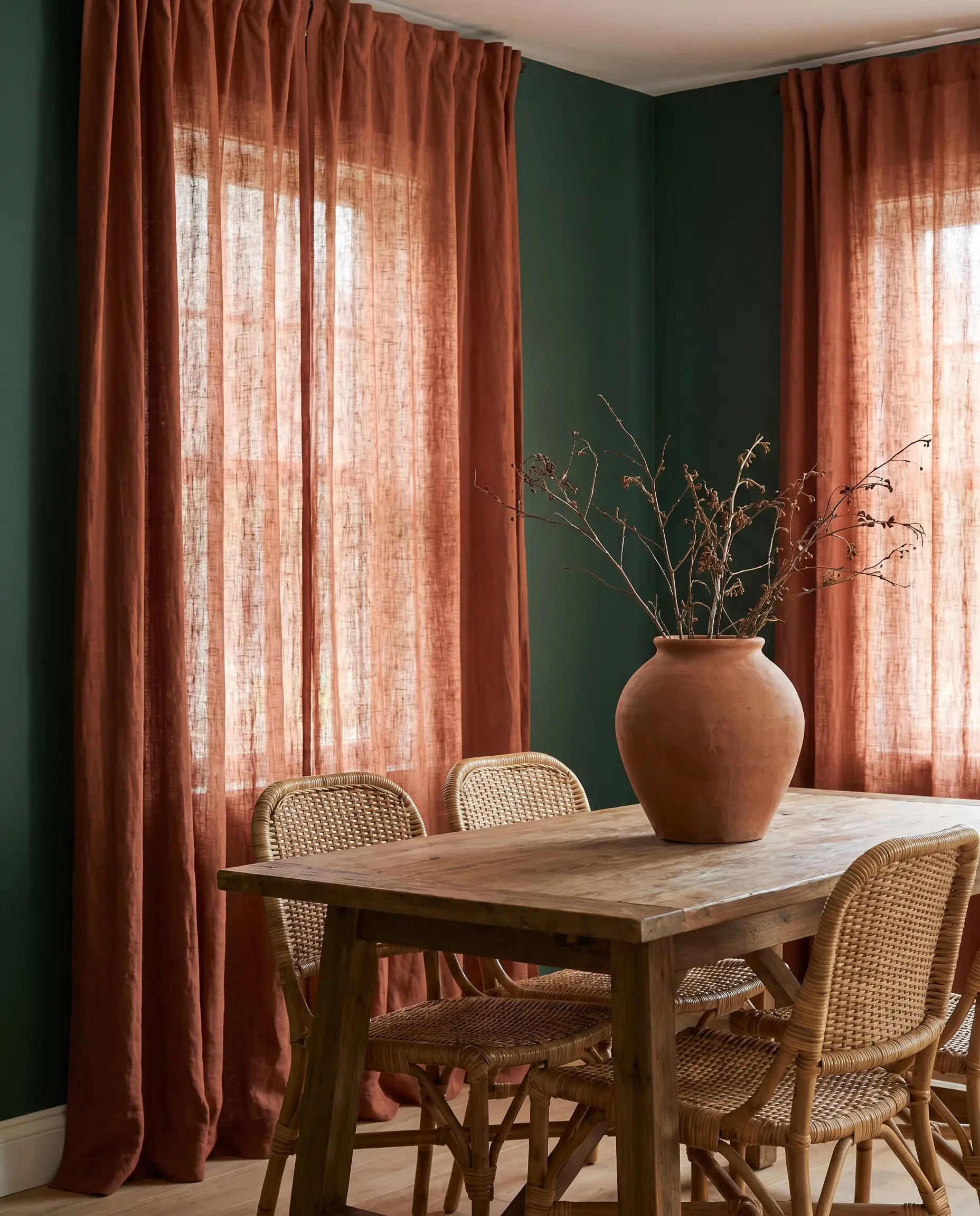 Slubby burnt terracotta linen curtains flank a rustic wood dining table surrounded by woven rattan chairs against matte dark green walls.