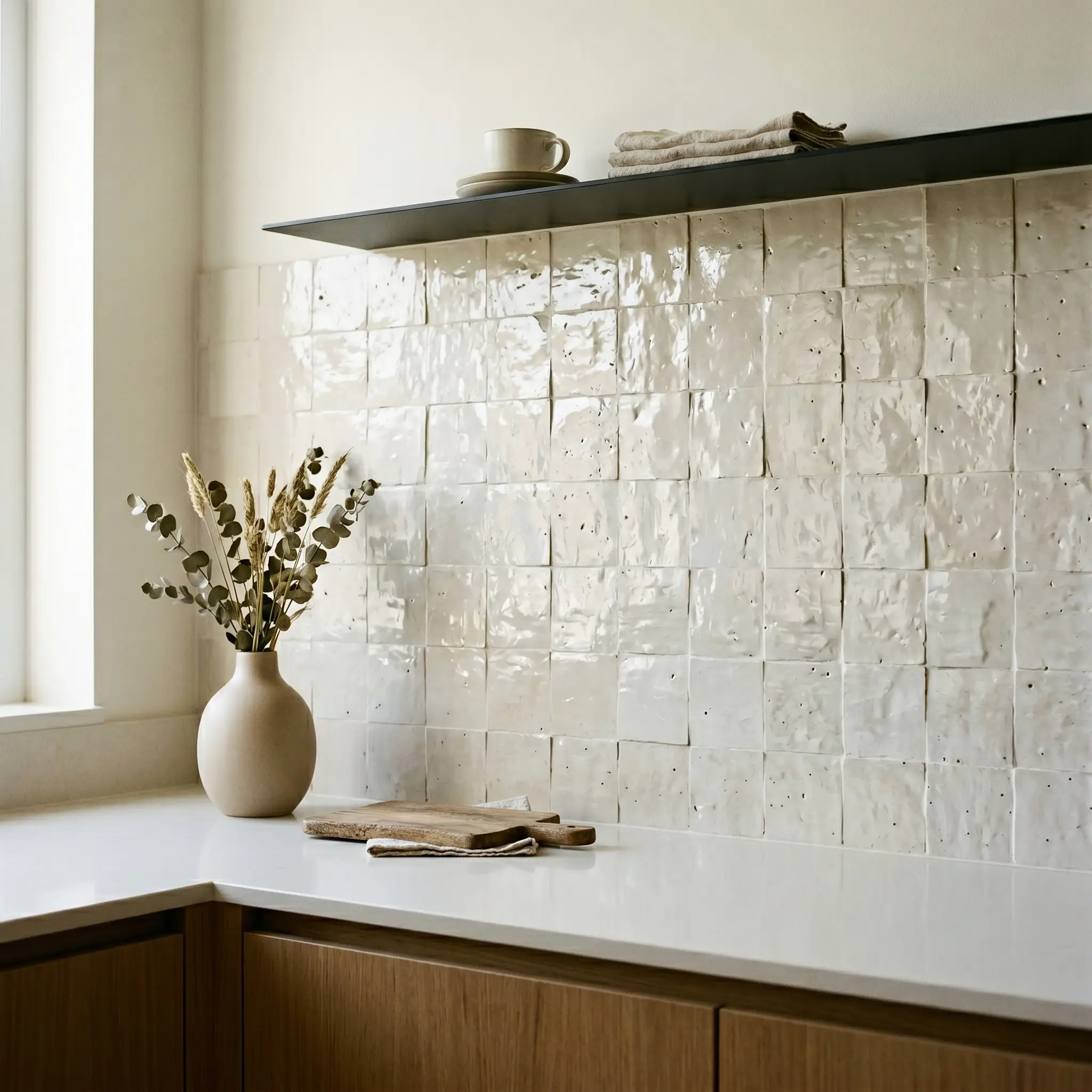 A butt-jointed hand-chiseled tile wall utilizes color-matched warm white alabaster grout to create a continuous undulating liquid-like ivory surface above a sleek countertop.