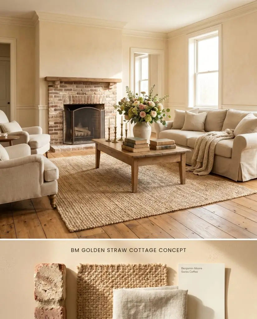 A split digital conceptual board for a cottage-core living room featuring Golden Straw 2152-50 plaster walls, paired with tumbled brick and woven jute below.