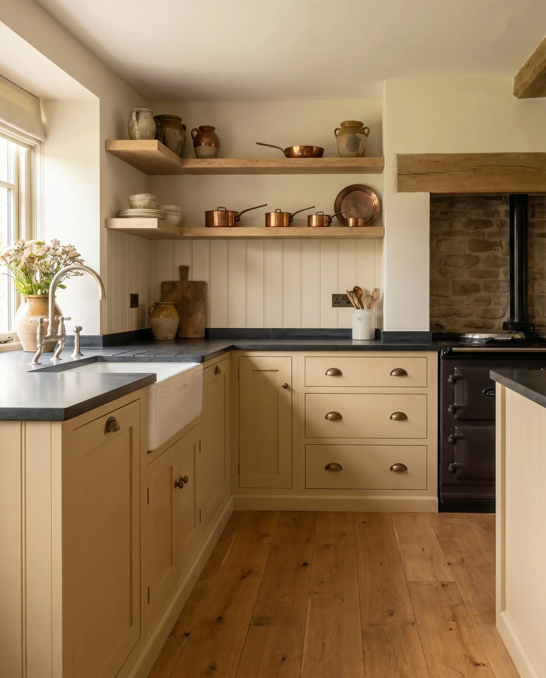 Standard shaker lower cabinets in a warm neutral architectural finish sit beneath matte charcoal honed soapstone countertops, raw white oak shelving, and a beadboard backsplash.
