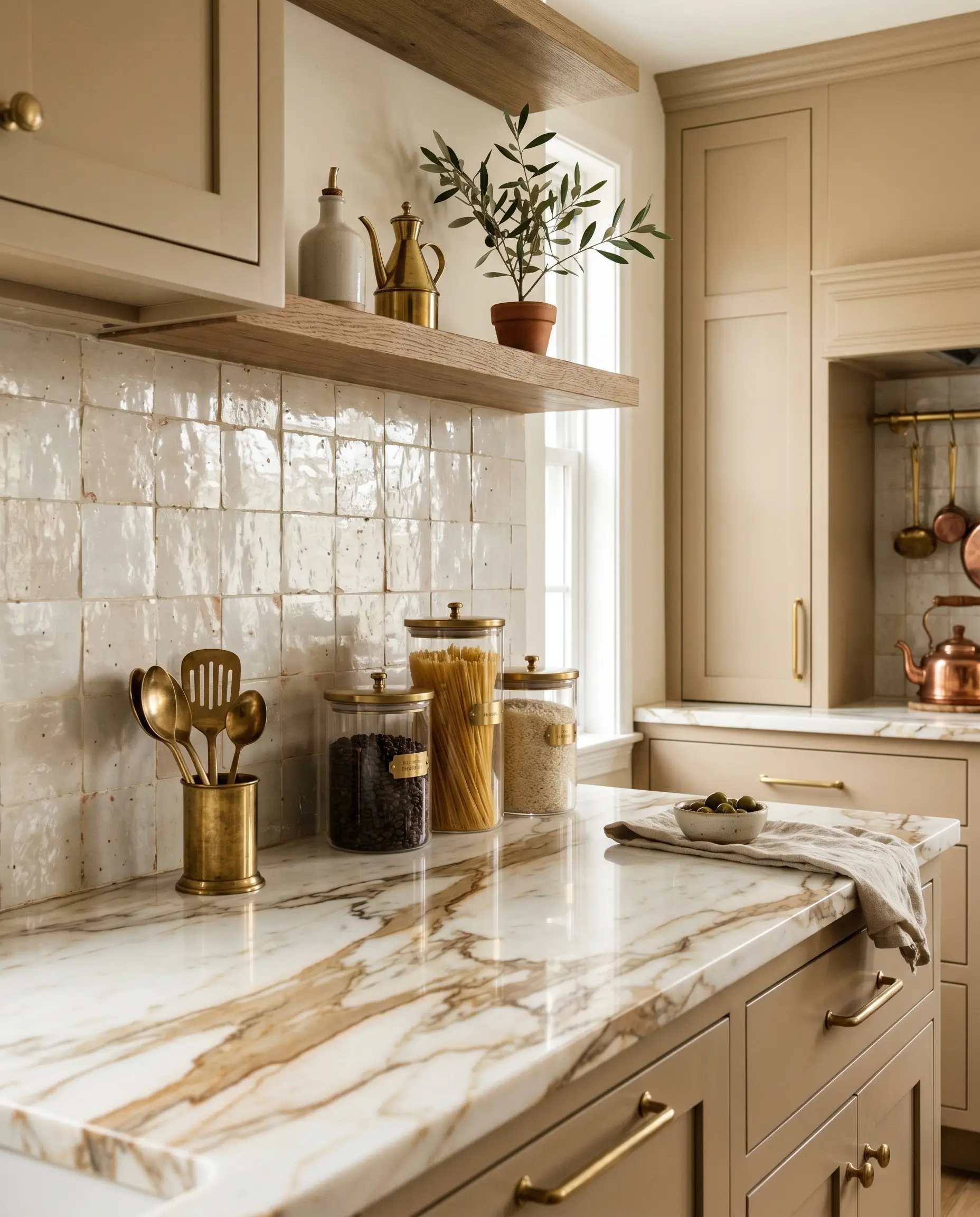 Heavily veined polished Calacatta Gold marble slab countertops harmonize with the wabi-sabi texture of a hand-chiseled Moroccan tile wall.