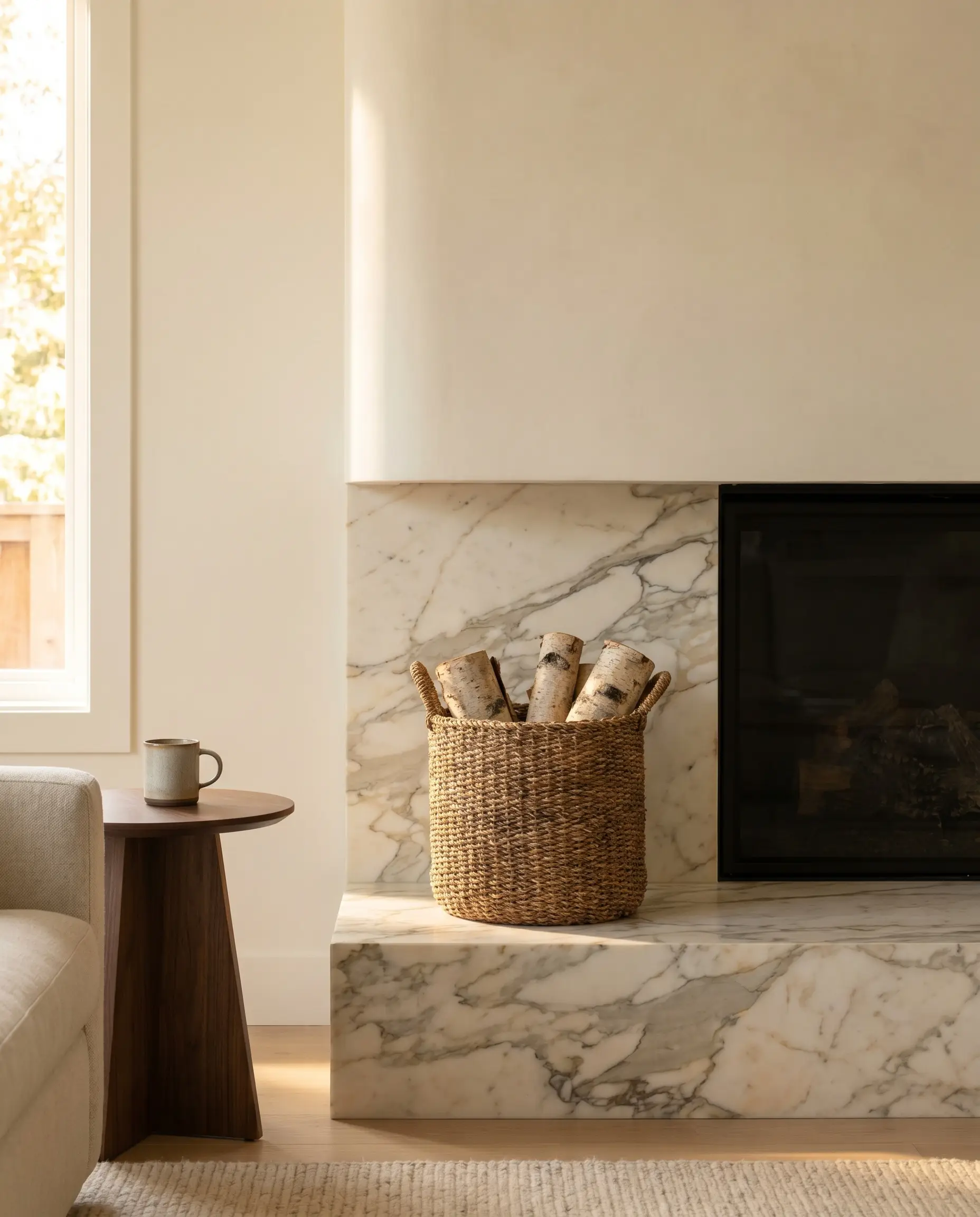 A thick premium Calacatta stone remnant slab serves as a luxurious hearth below a smooth white plaster upper surround and beside a woven log basket.