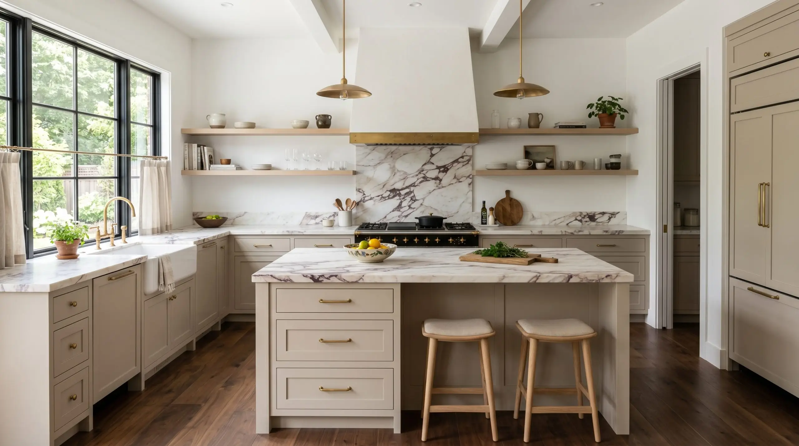 Honed Calacatta Viola marble countertops and bleached oak floating shelves contrast beautifully against lower kitchen cabinetry painted in Stony Ground (Hex #c9bfab).