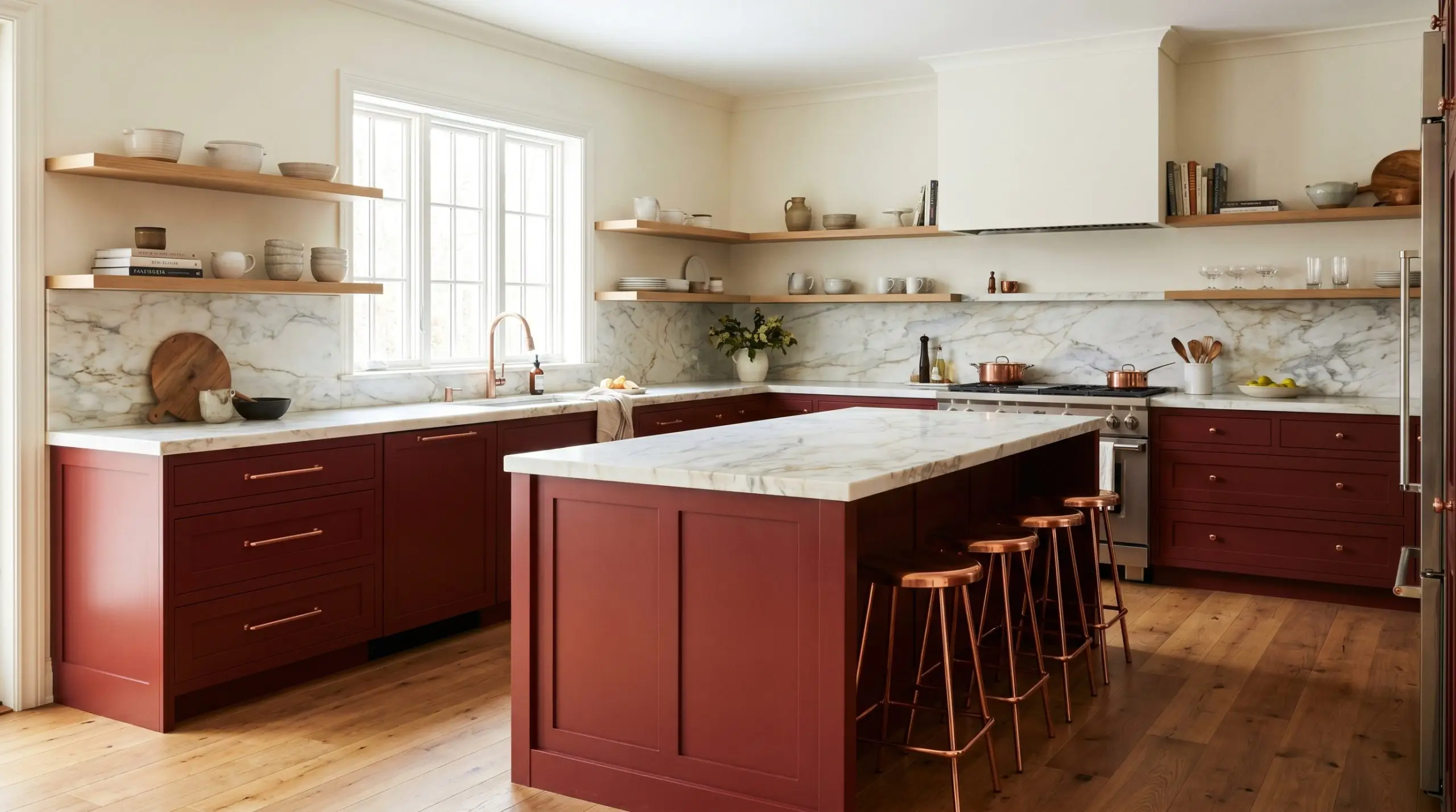 A transitional kitchen features a central island and lower cabinetry painted in Caliente (Hex #8A2728), accented with brushed copper hardware and honed marble countertops.