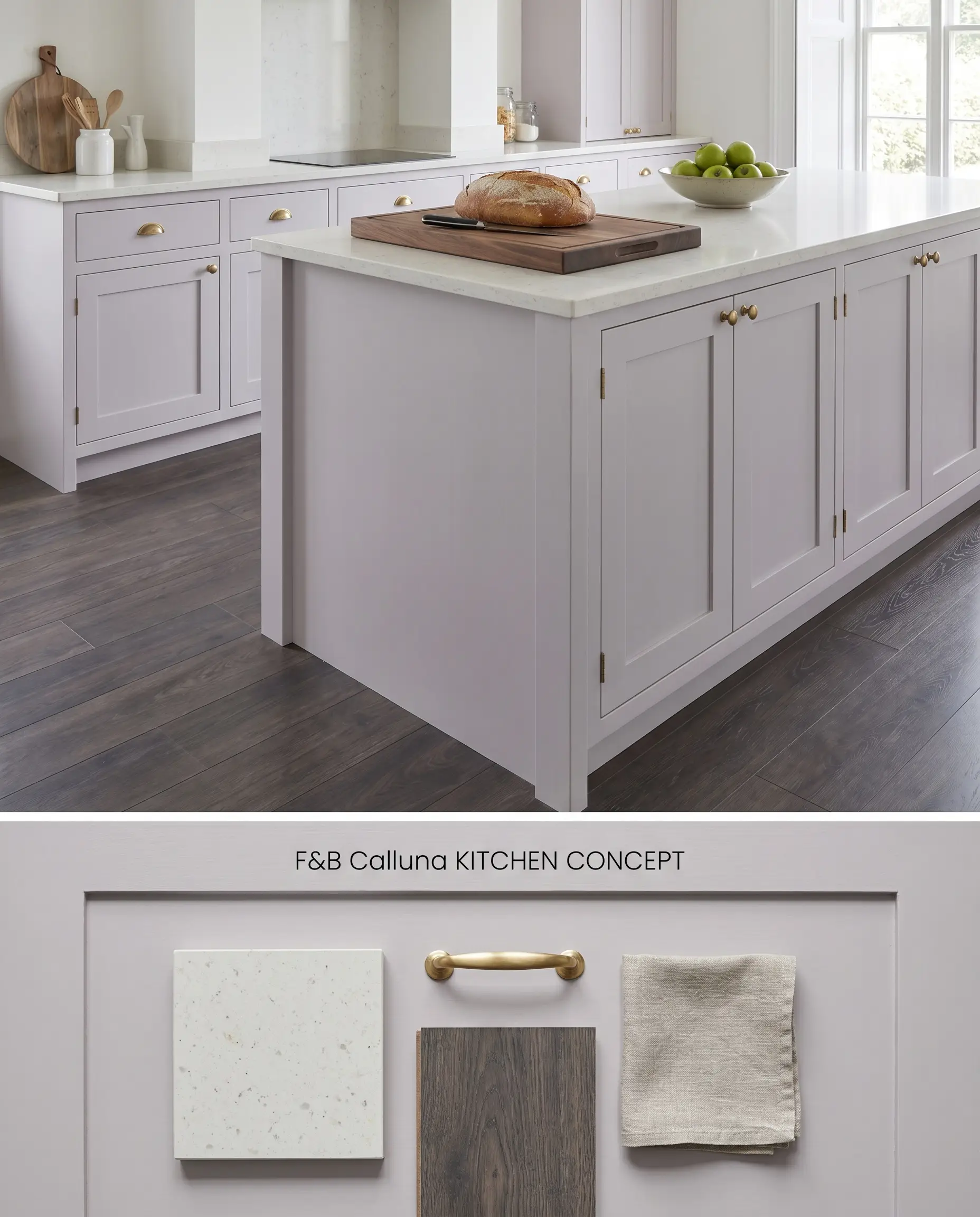 Displaying a digital conceptual board for a kitchen island, the upper section presents a moody neutral base cabinet above pale quartz and unlacquered brass material samples.