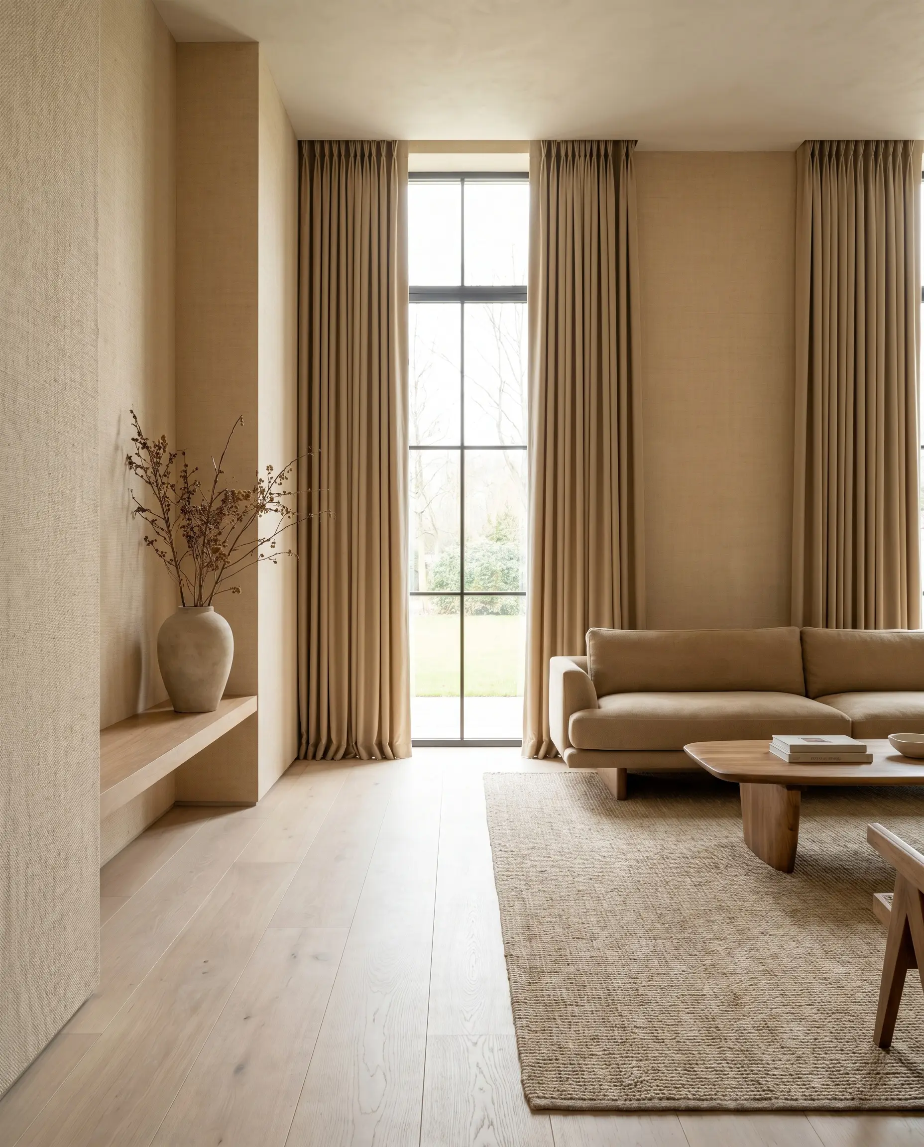 Tone-on-tone camel drapery frames a large window against Benjamin Moore Manchester Tan flat walls and bleached oak floors in this minimalist space.