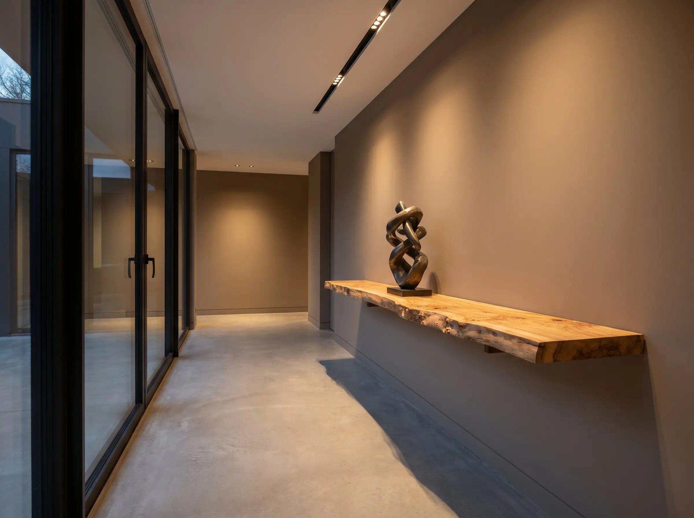 A thick cantilevered Olive Ash burl floating shelf mounts directly into a narrow corridor wall, displaying a single heavy bronze sculptural artifact.