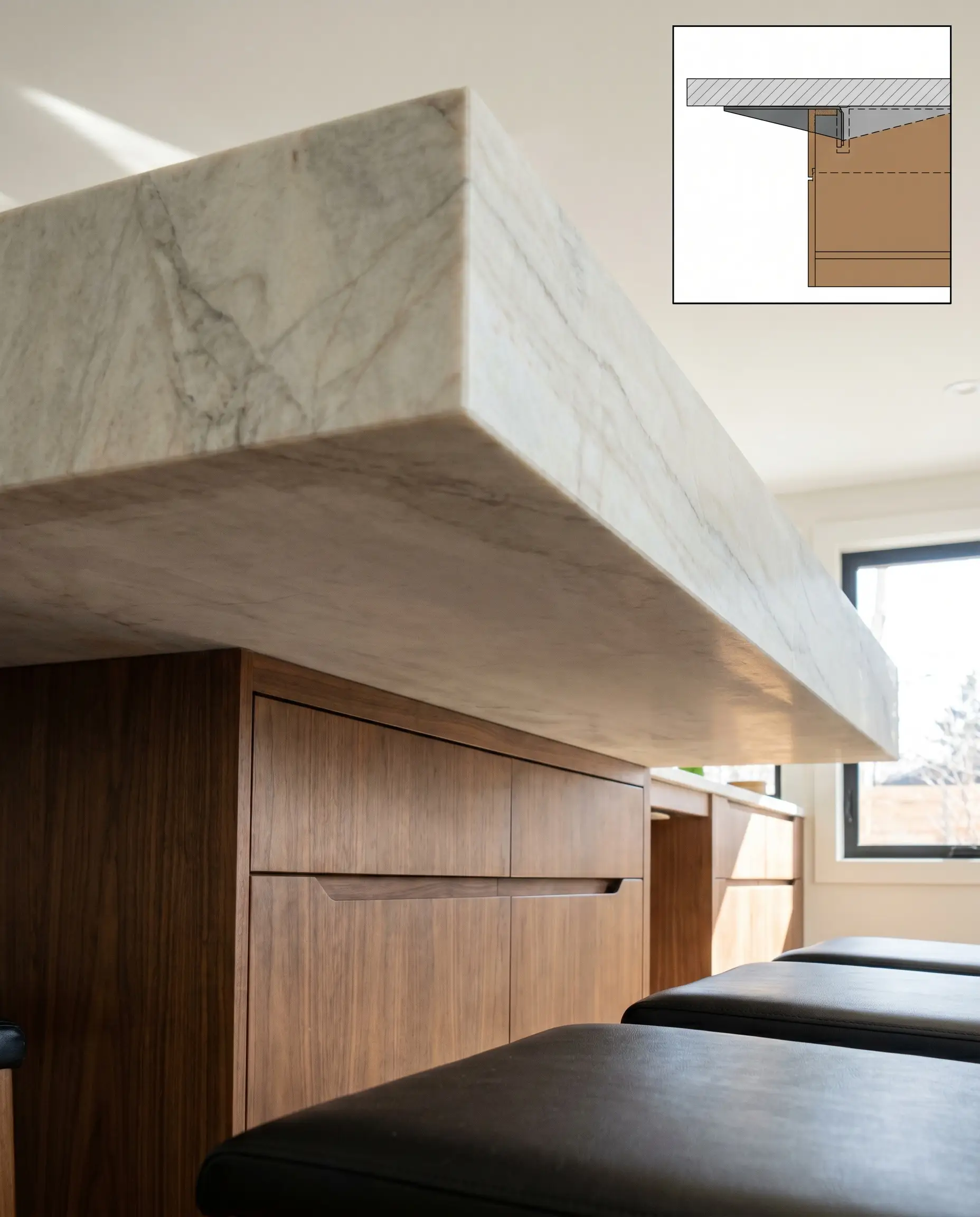 A deep twelve-inch cantilevered overhang floats above beautifully crafted cabinet panels, supported entirely by heavy-duty concealed steel brackets.