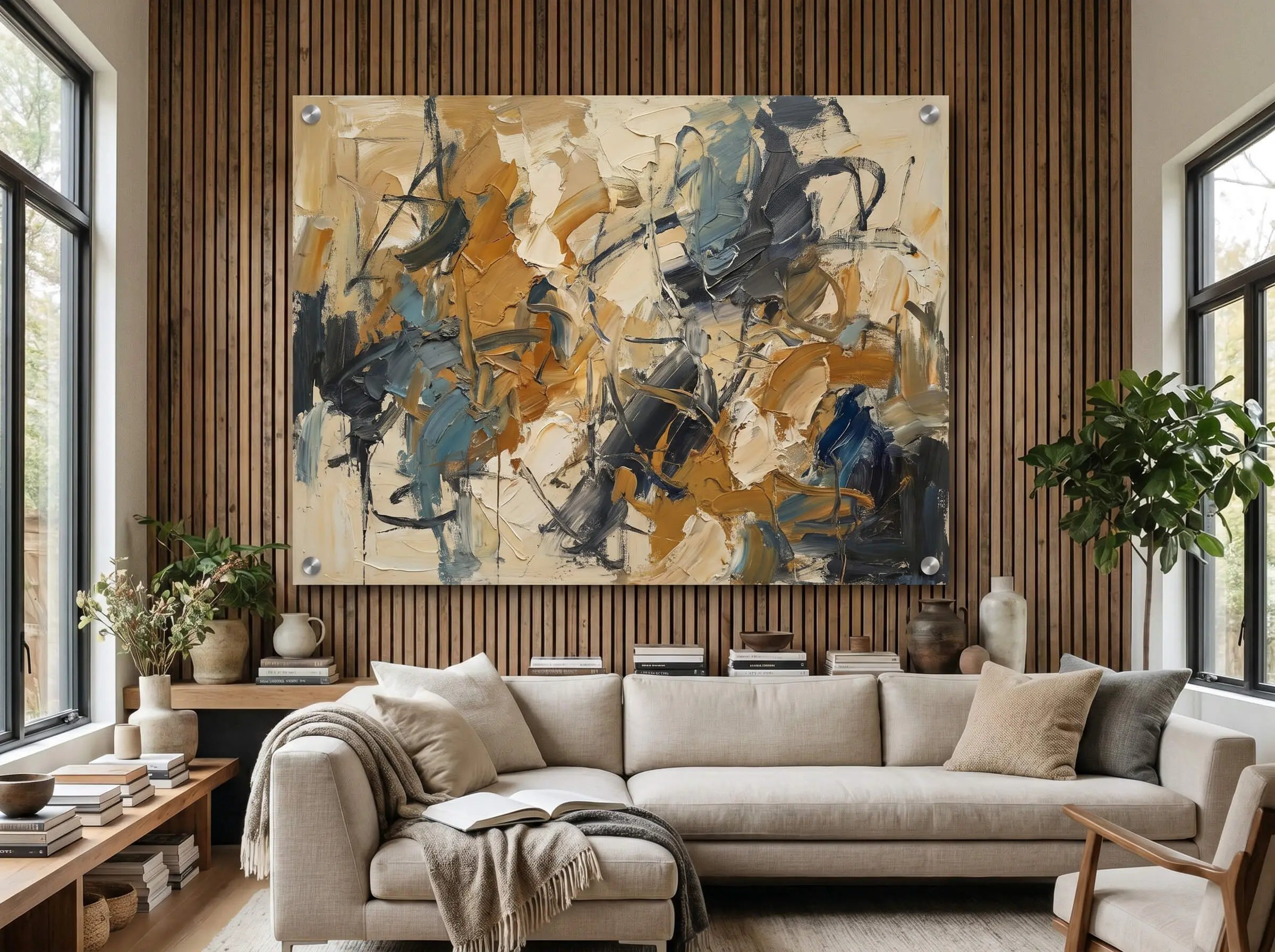 A massive abstract canvas floats exactly one inch in front of textured wood slats using stainless steel standoff hardware mounts above a modern couch.
