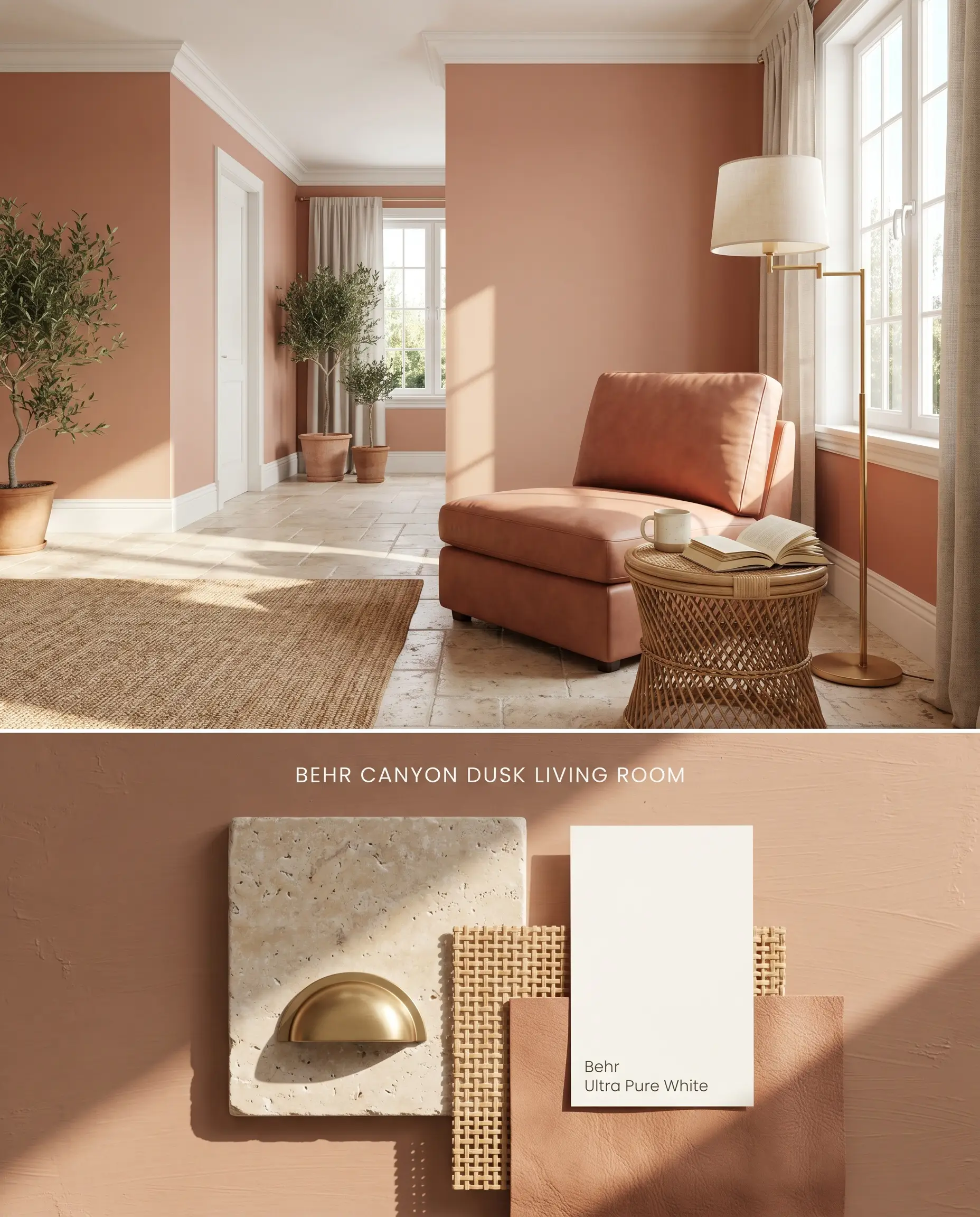 A split digital conceptual board showcasing a sun-baked landscape living room on top, with physical materials like tumbled travertine and a muted peach painted surface below.