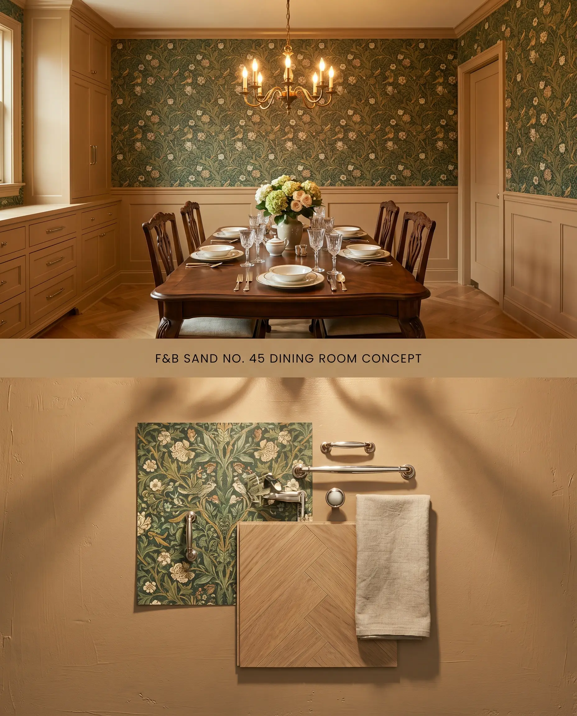 A split digital conceptual board for a traditional dining room pairing F&B Sand No. 45 lower millwork with dense botanical wallpaper, set above polished nickel and white oak material samples.