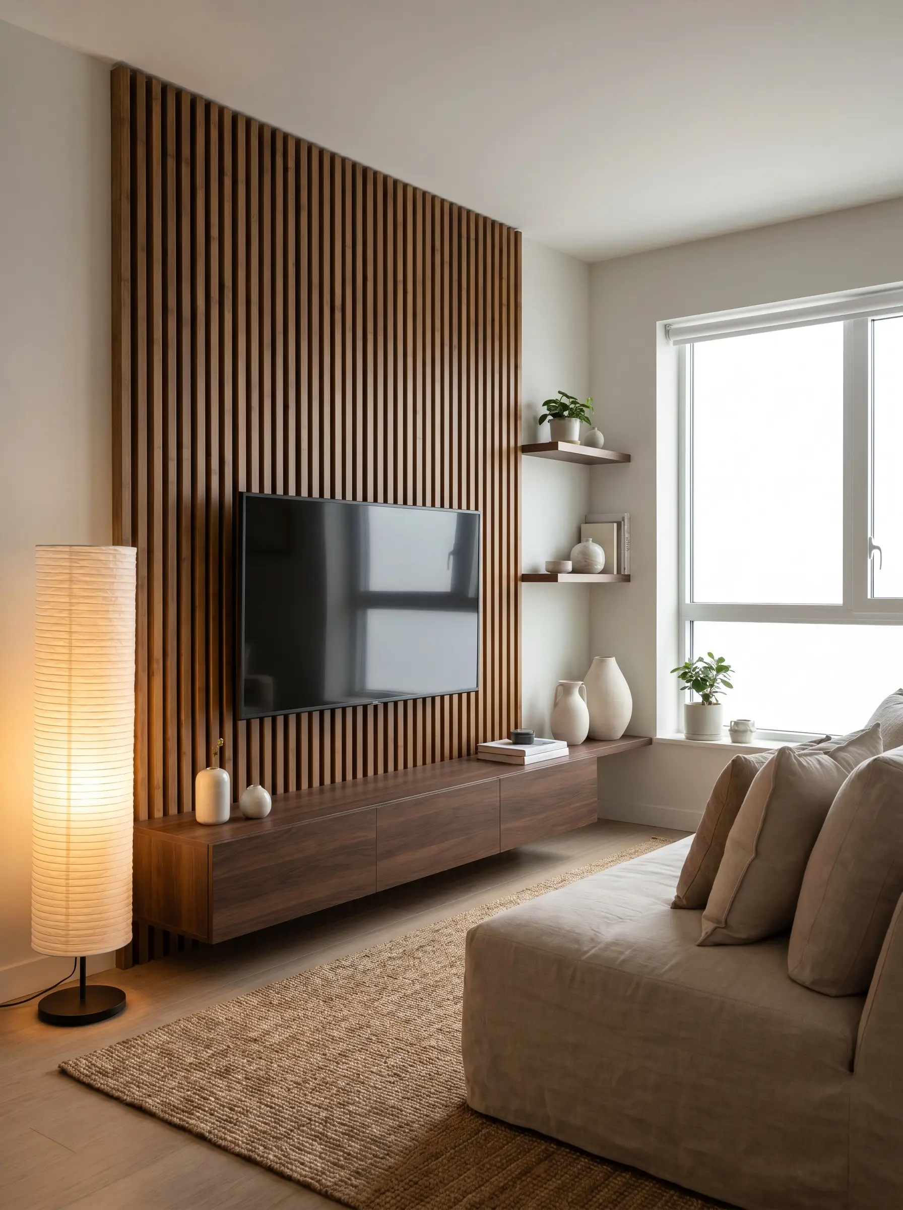 A glowing rice paper floor lamp illuminates solid architectural carbonized bamboo slats positioned behind a television and a low-profile floating console.