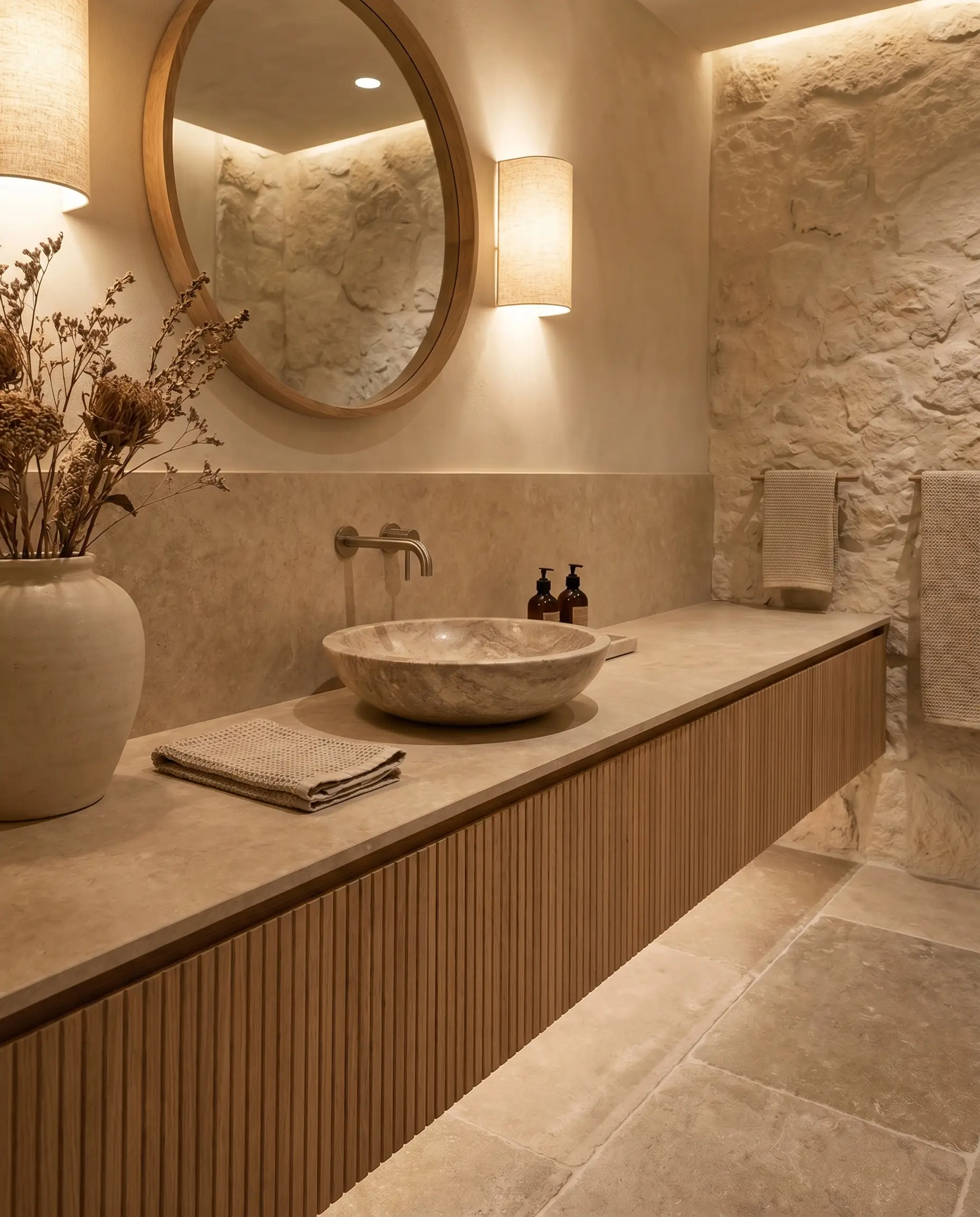 A low shallow carved travertine vessel sink in warm beige tones rests harmoniously on an ultra-thin minimalist countertop and ribbed wood base.