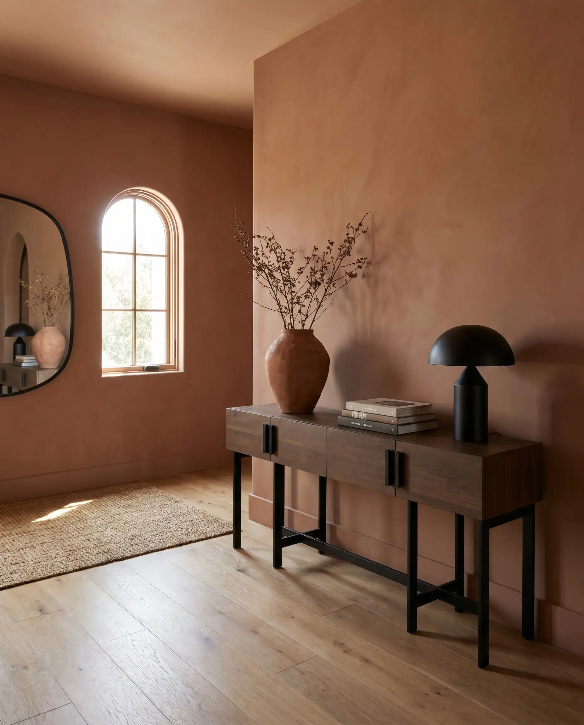 A sleek minimalist console table featuring matte black hardware stands against Sherwin-Williams Cavern Clay walls and wide-plank European light oak flooring.