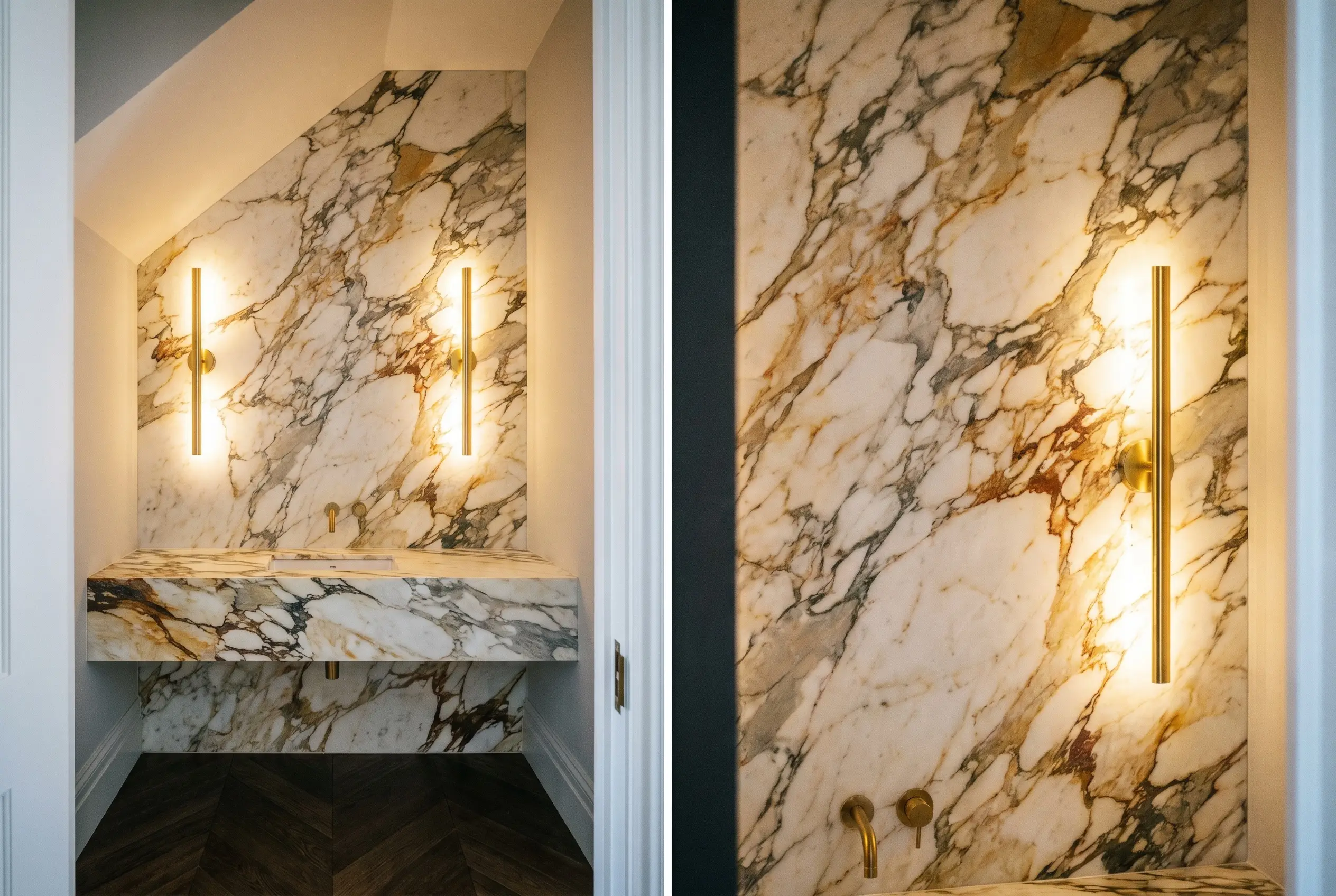 A continuous calacatta macchia vecchia marble splashback extends from the vanity countertop to the ceiling, pierced by slim vertical polished brass sconces.