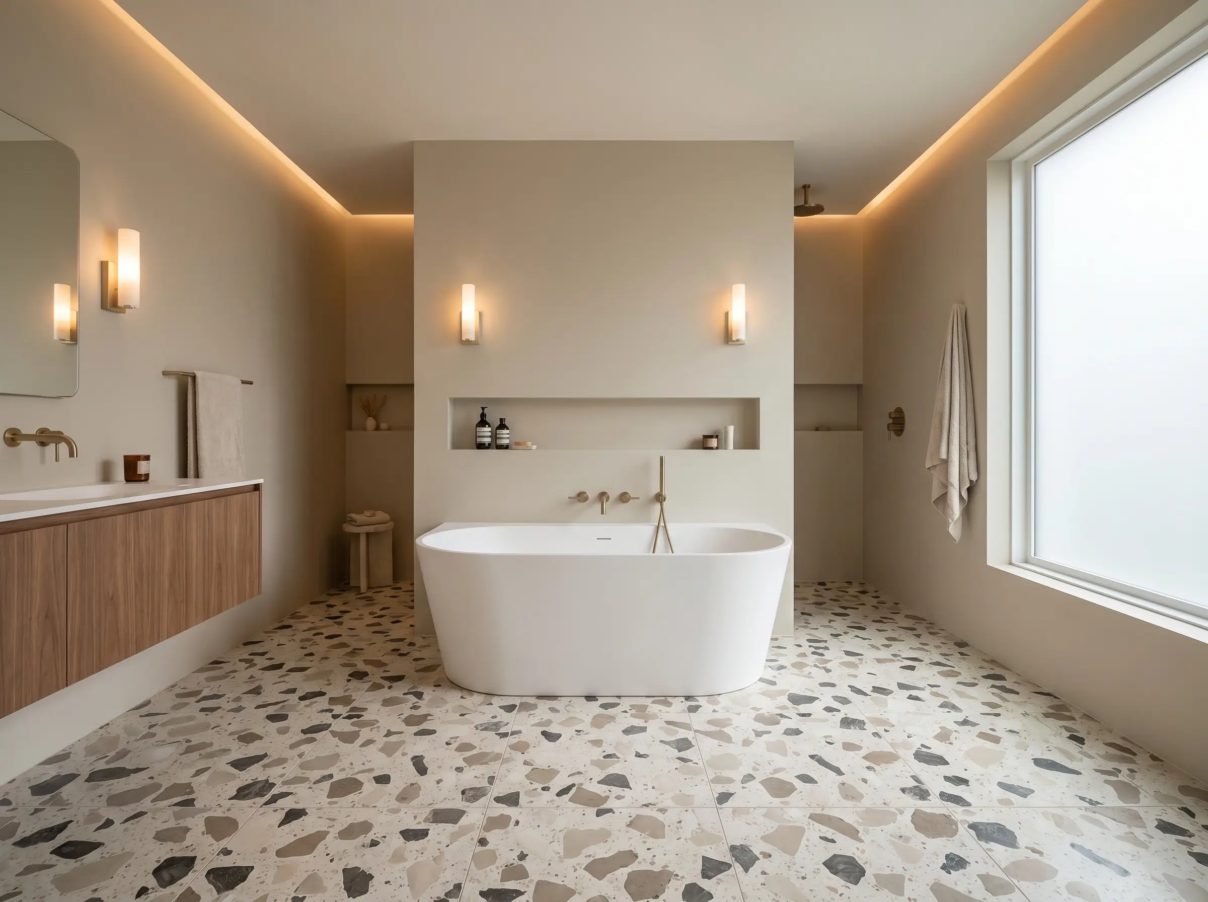 A cement-based terrazzo floor with large ivory and charcoal aggregate chips supports a curved white freestanding tub and minimalist decor elements.