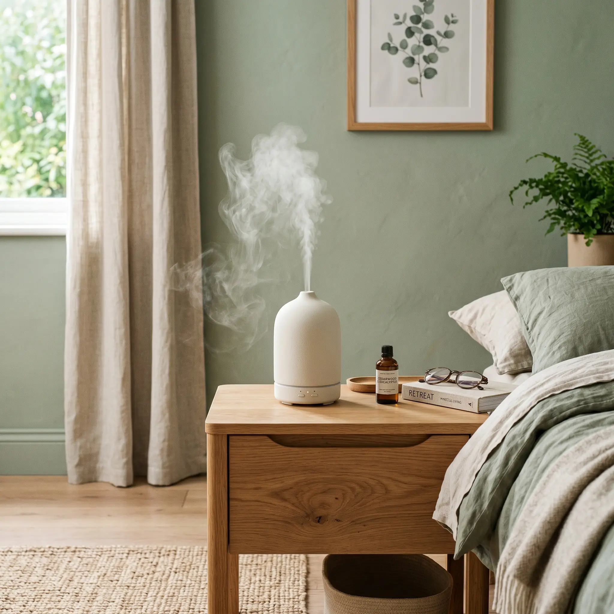 A minimal ceramic essential oil diffuser rests on a white oak nightstand, releasing a gentle mist against a soft sage green wall.