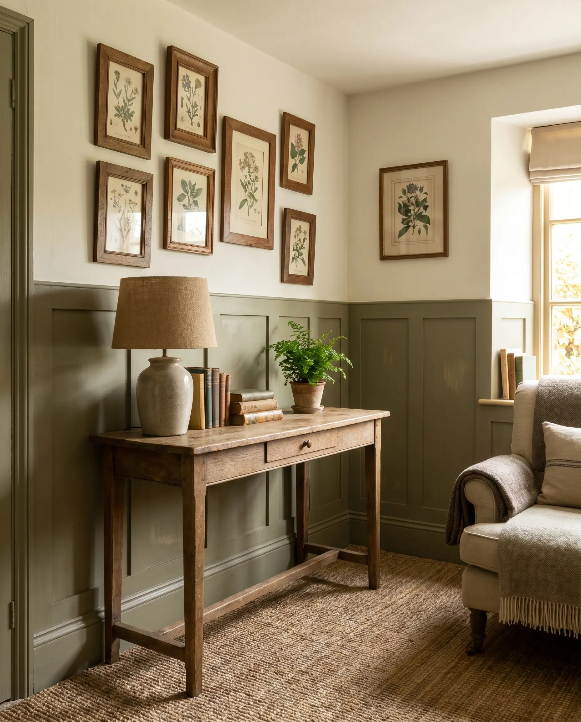 A vintage wooden console table, distressed ceramic lamp, and framed botanical prints decorate an olive green accent wall living room with lower wainscoting.