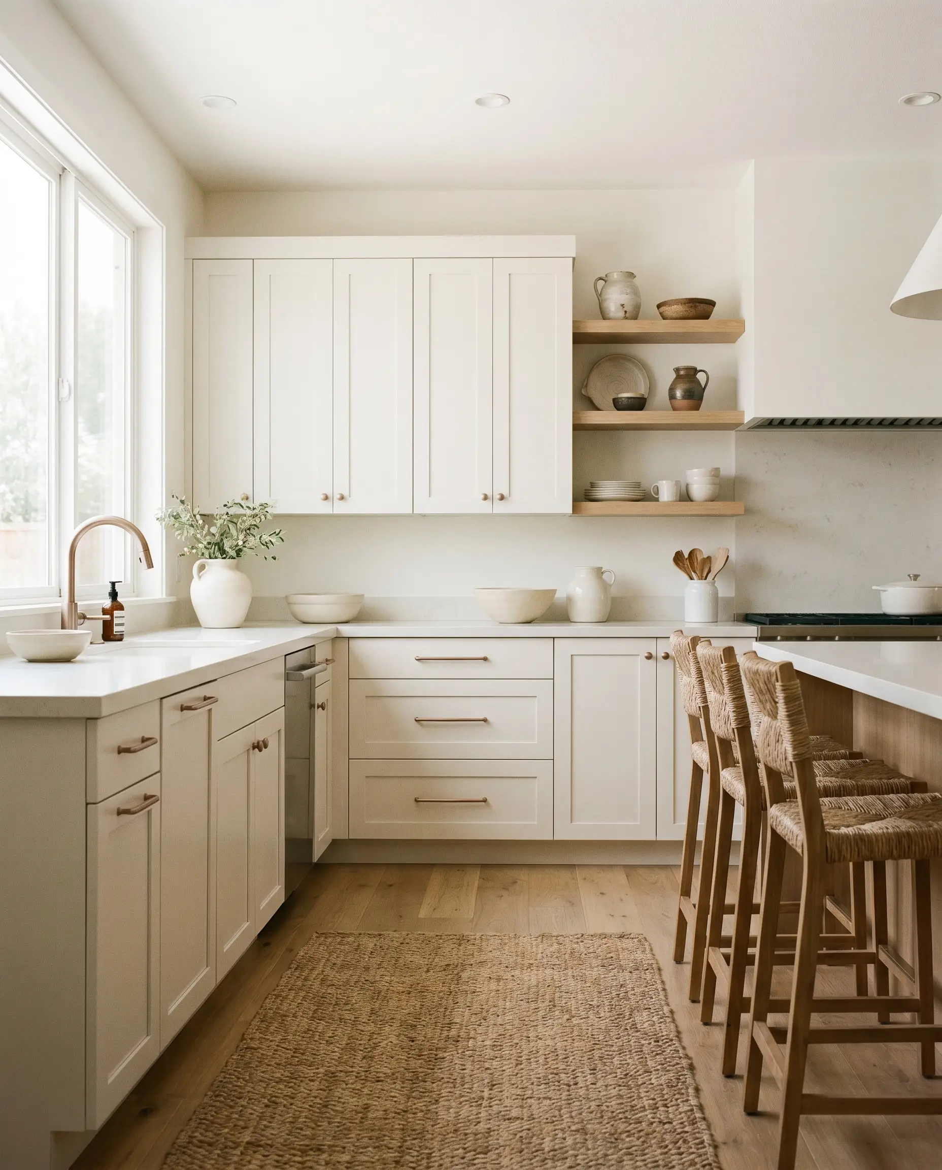 Brushed champagne bronze cabinet pulls accent Sherwin-Williams Alabaster doors, showcasing modern gold hardware for white shaker cabinets in a California casual transitional kitchen.