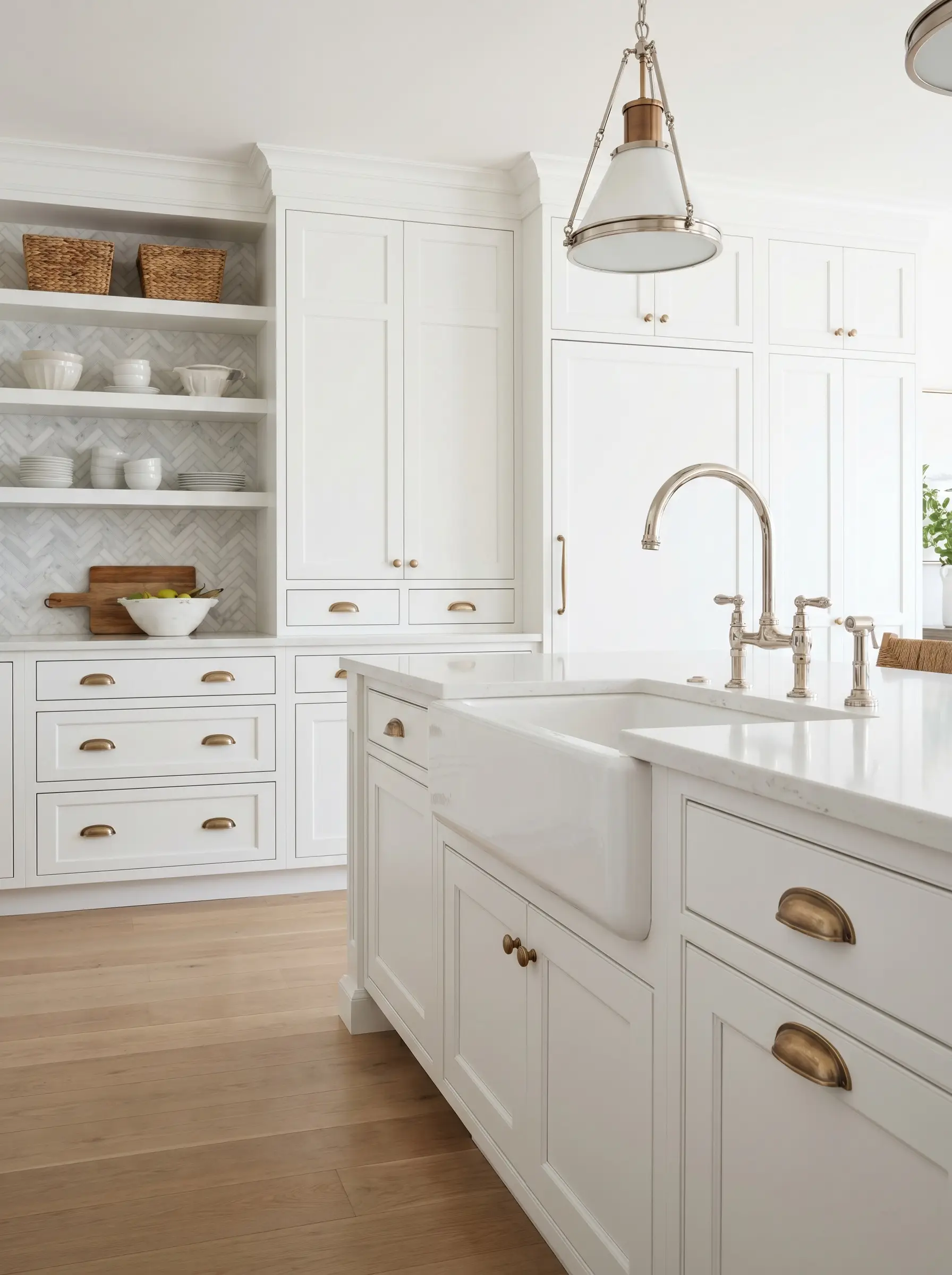 Warm champagne bronze pulls act as modern gold hardware for white shaker cabinets, contrasting beautifully with a sophisticated polished nickel plumbing faucet.
